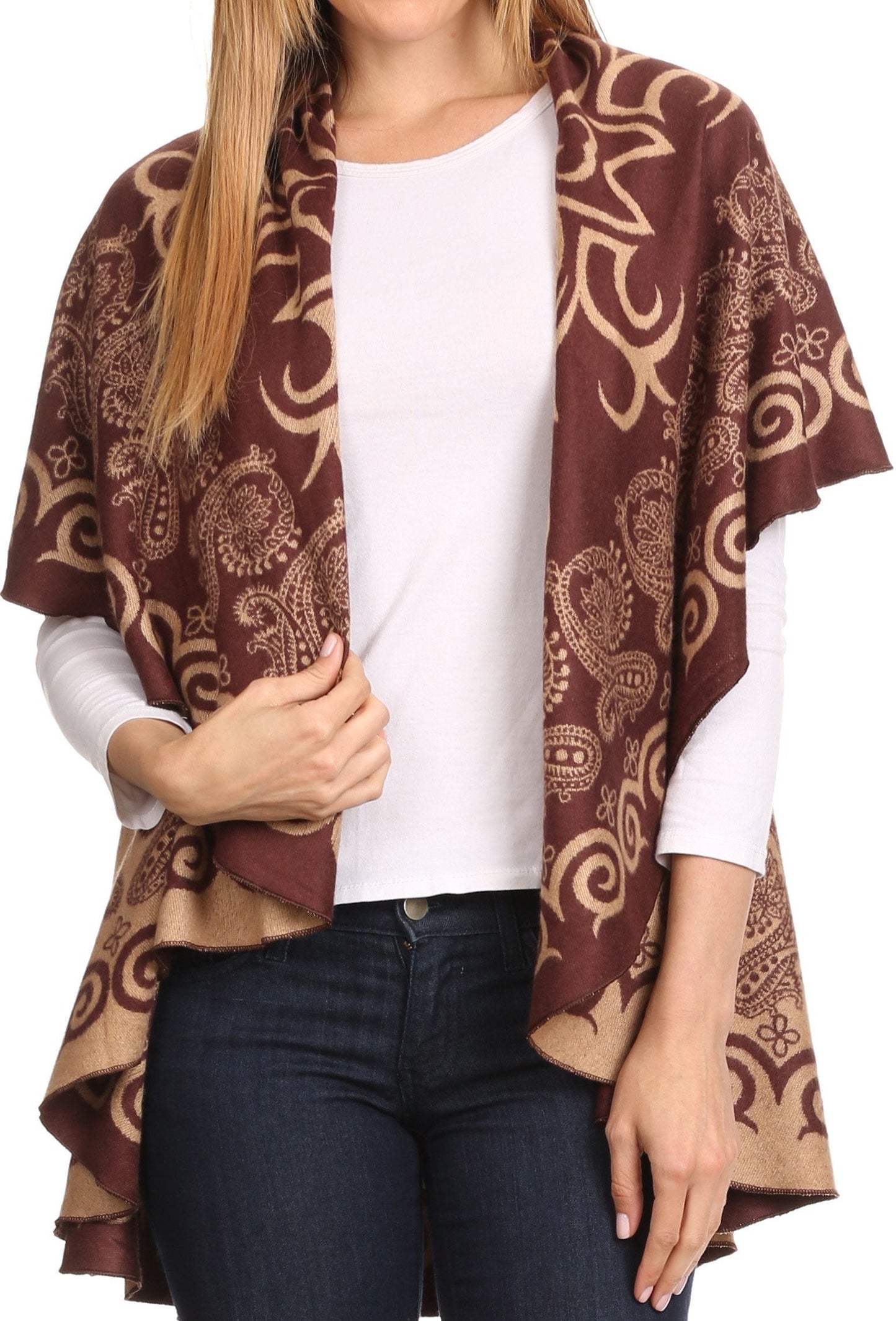 Sakkas Balie Reversable Printed Mid Weight Warm Poncho Throw Shawl / Cardigan - Concordia Style Boutique