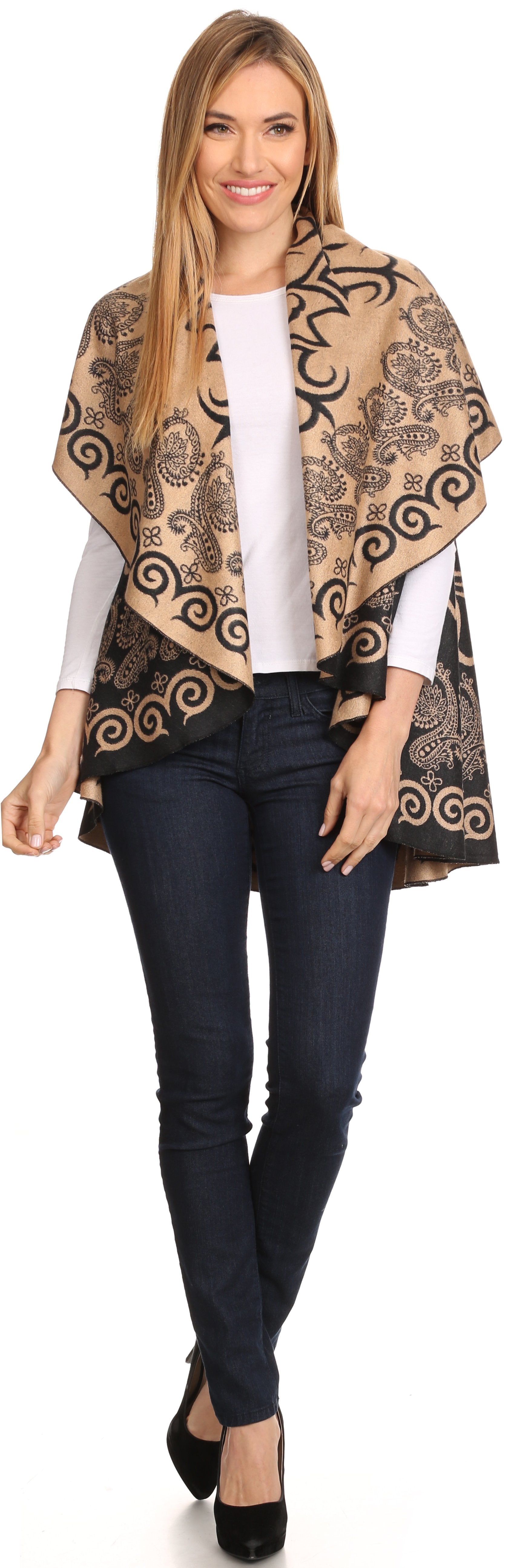 Sakkas Balie Reversable Printed Mid Weight Warm Poncho Throw Shawl / Cardigan - Concordia Style Boutique