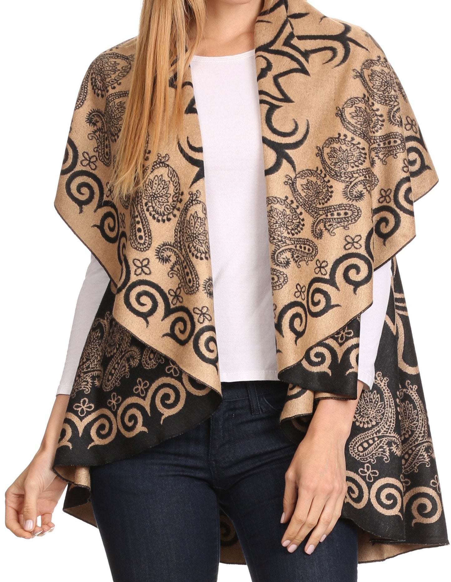 Sakkas Balie Reversable Printed Mid Weight Warm Poncho Throw Shawl / Cardigan - Concordia Style Boutique