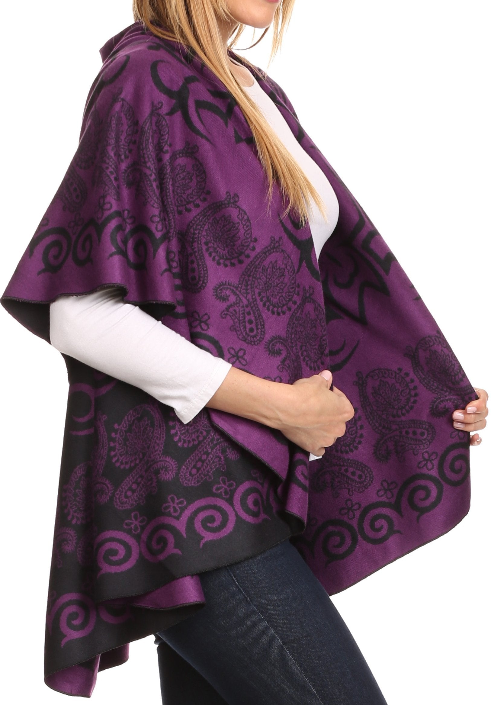 Sakkas Balie Reversable Printed Mid Weight Warm Poncho Throw Shawl / Cardigan - Concordia Style Boutique
