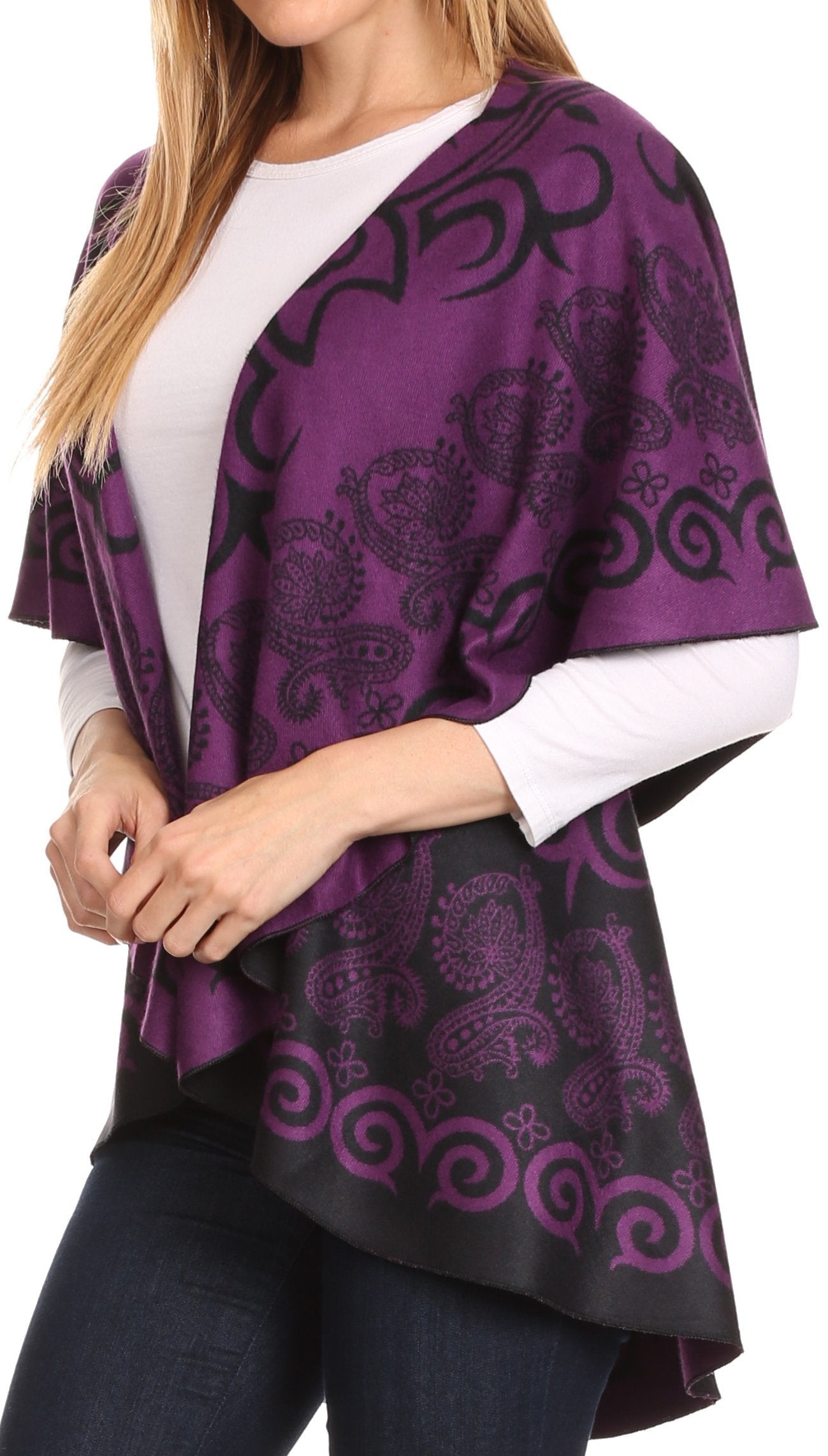 Sakkas Balie Reversable Printed Mid Weight Warm Poncho Throw Shawl / Cardigan - Concordia Style Boutique