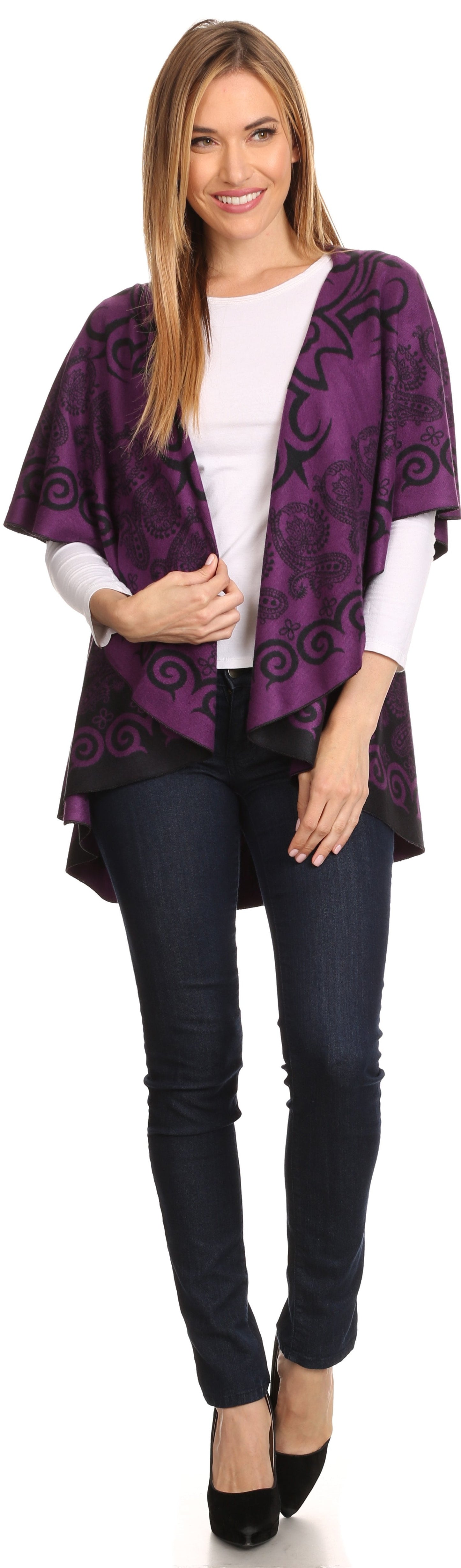 Sakkas Balie Reversable Printed Mid Weight Warm Poncho Throw Shawl / Cardigan - Concordia Style Boutique