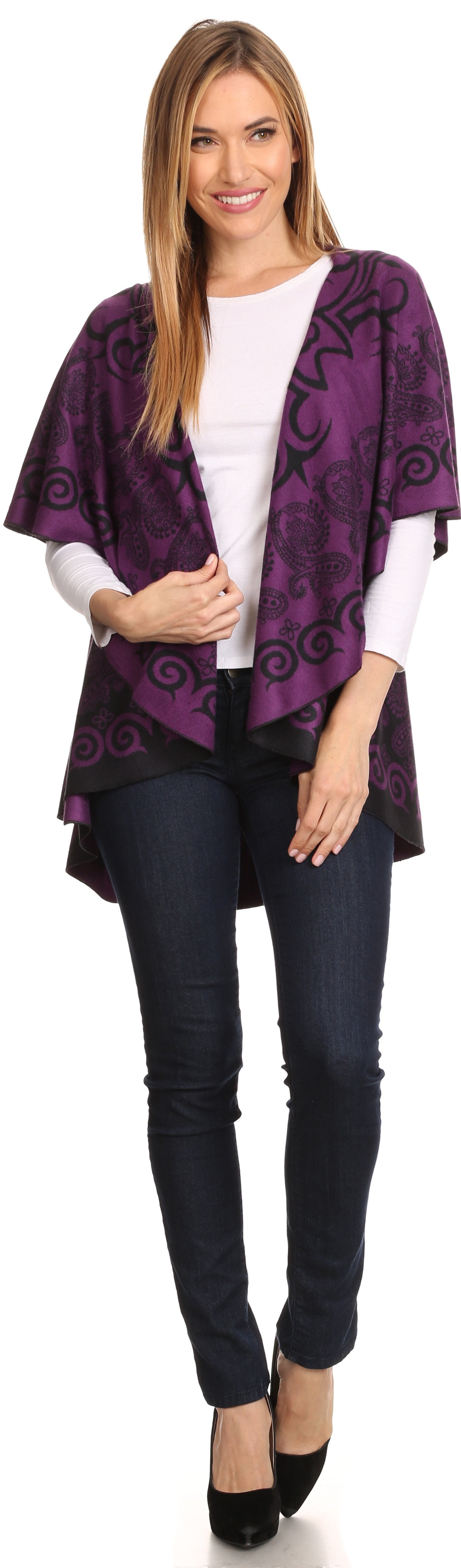 Sakkas Balie Reversable Printed Mid Weight Warm Poncho Throw Shawl / Cardigan - Concordia Style Boutique