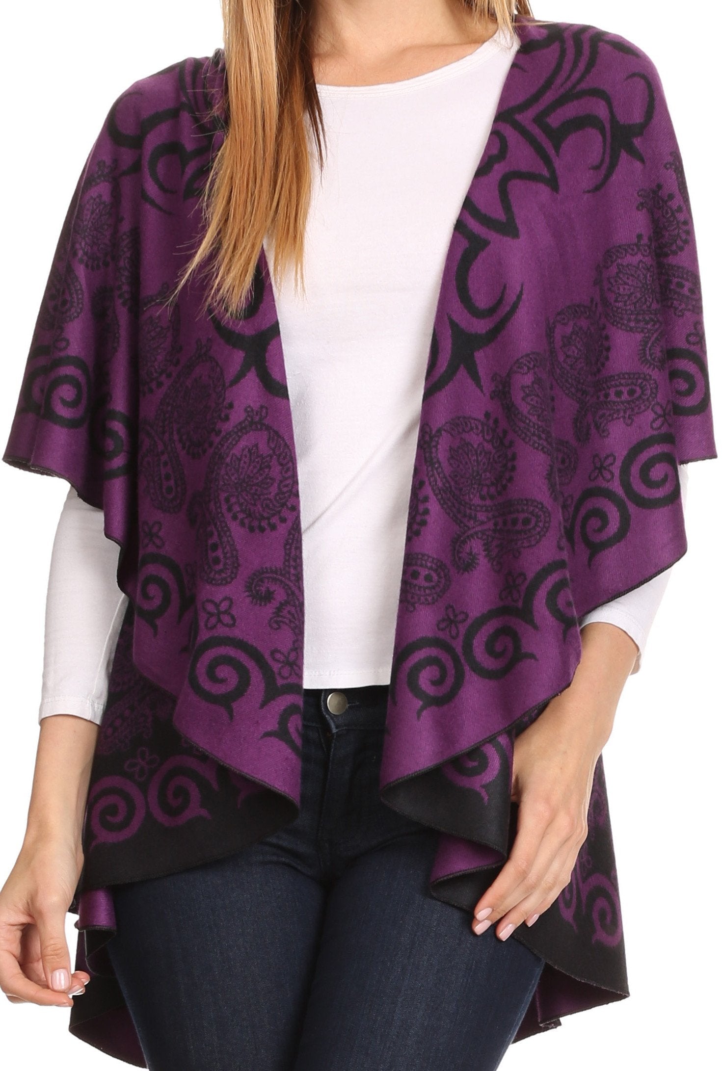 Sakkas Balie Reversable Printed Mid Weight Warm Poncho Throw Shawl / Cardigan - Concordia Style Boutique
