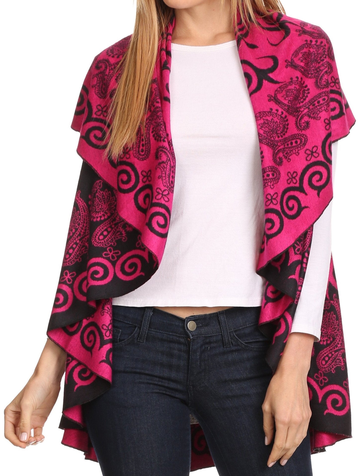 Sakkas Balie Reversable Printed Mid Weight Warm Poncho Throw Shawl / Cardigan - Concordia Style Boutique