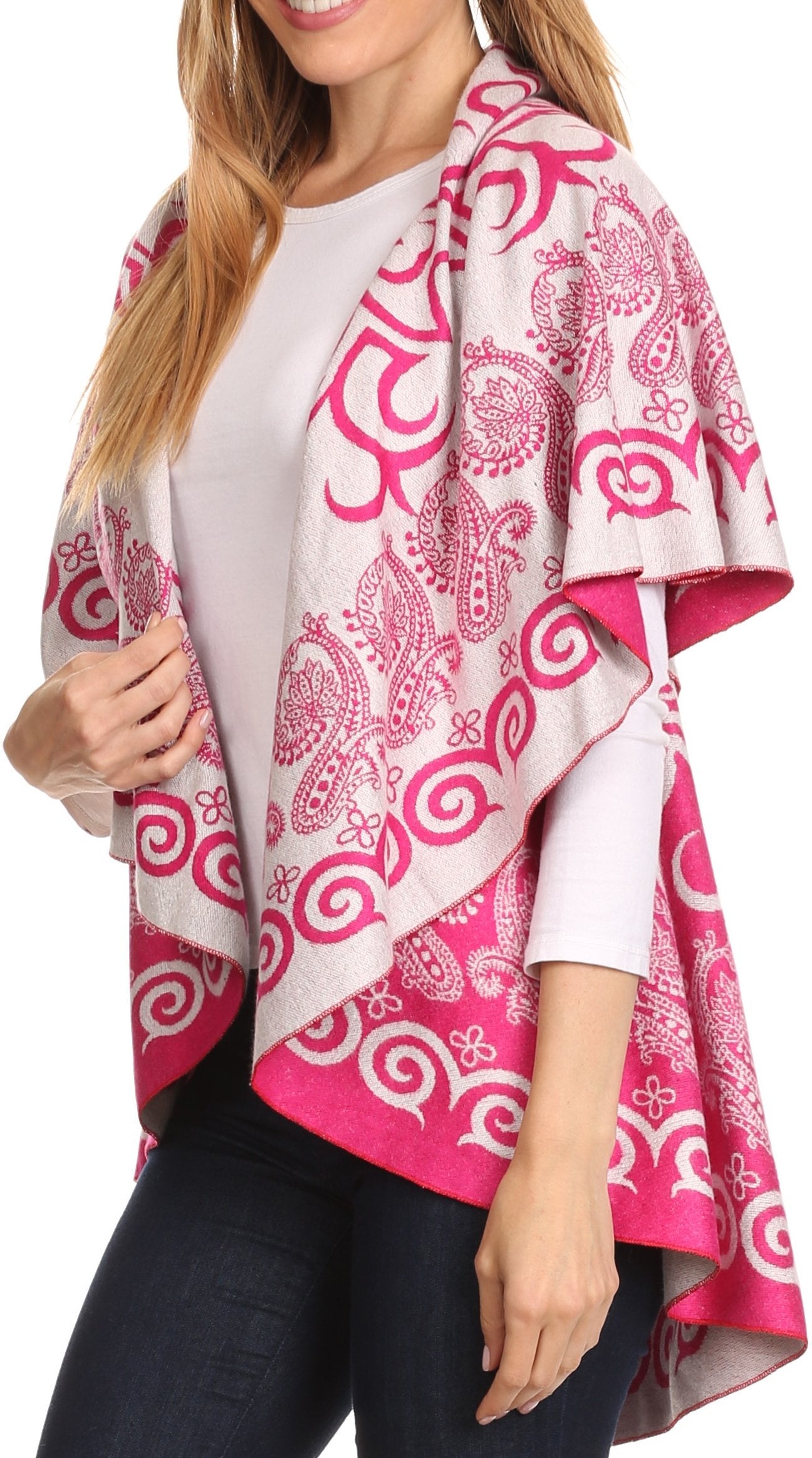Sakkas Balie Reversable Printed Mid Weight Warm Poncho Throw Shawl / Cardigan - Concordia Style Boutique