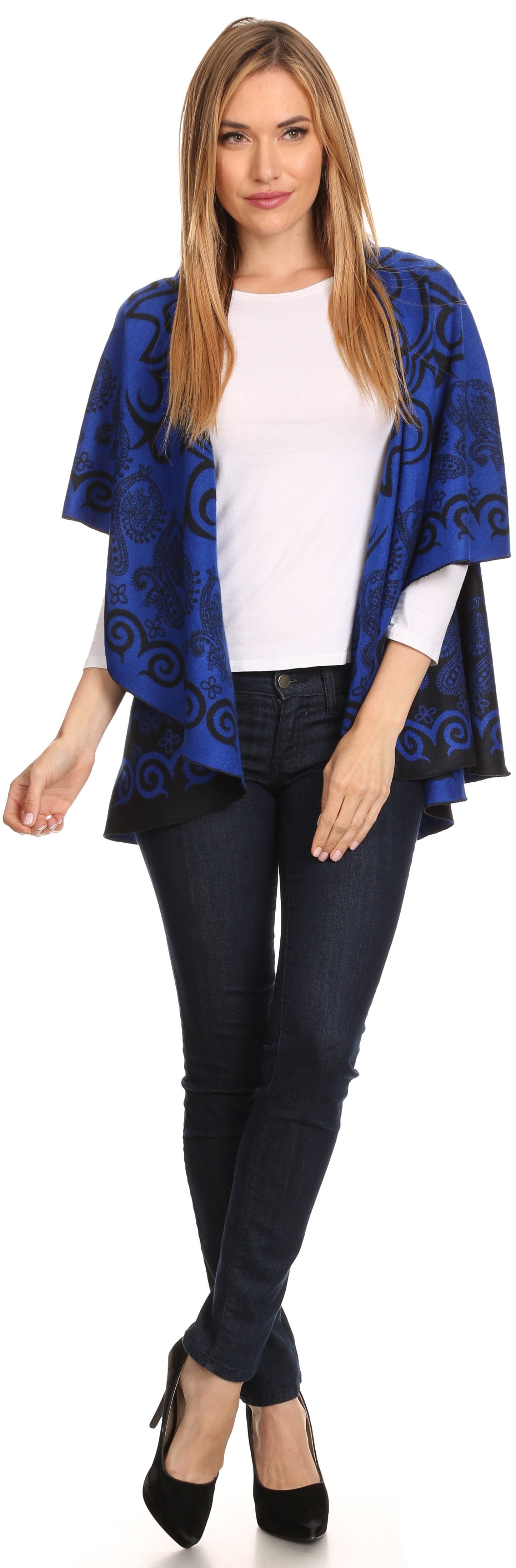 Sakkas Balie Reversable Printed Mid Weight Warm Poncho Throw Shawl / Cardigan - Concordia Style Boutique