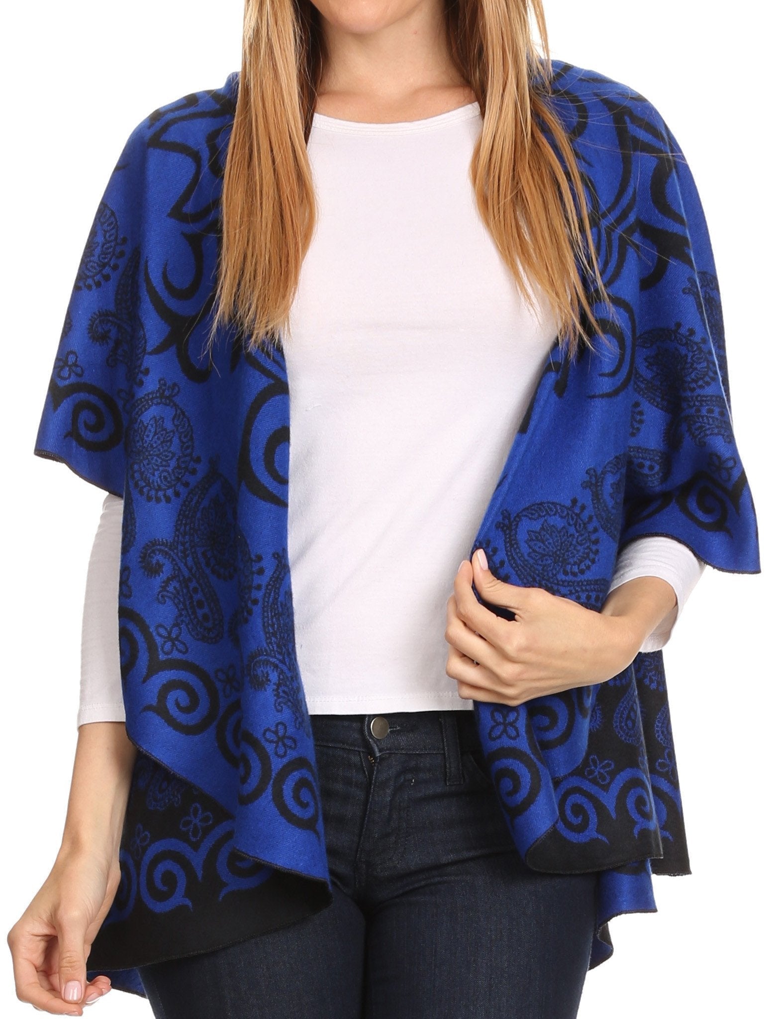 Sakkas Balie Reversable Printed Mid Weight Warm Poncho Throw Shawl / Cardigan - Concordia Style Boutique