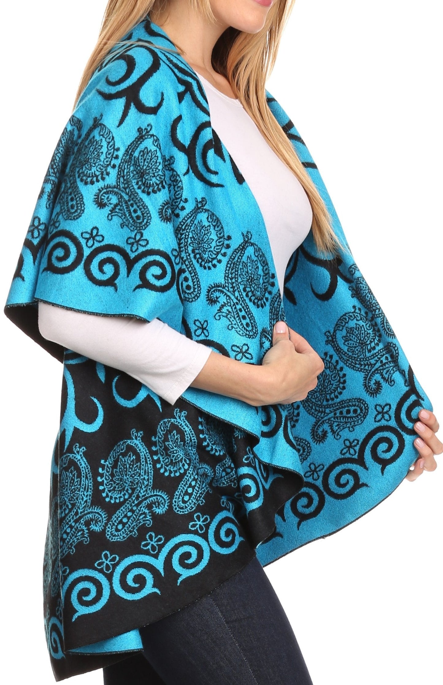 Sakkas Balie Reversable Printed Mid Weight Warm Poncho Throw Shawl / Cardigan - Concordia Style Boutique