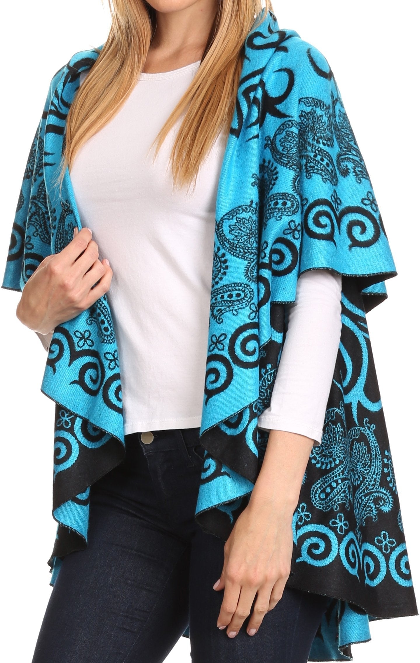Sakkas Balie Reversable Printed Mid Weight Warm Poncho Throw Shawl / Cardigan - Concordia Style Boutique