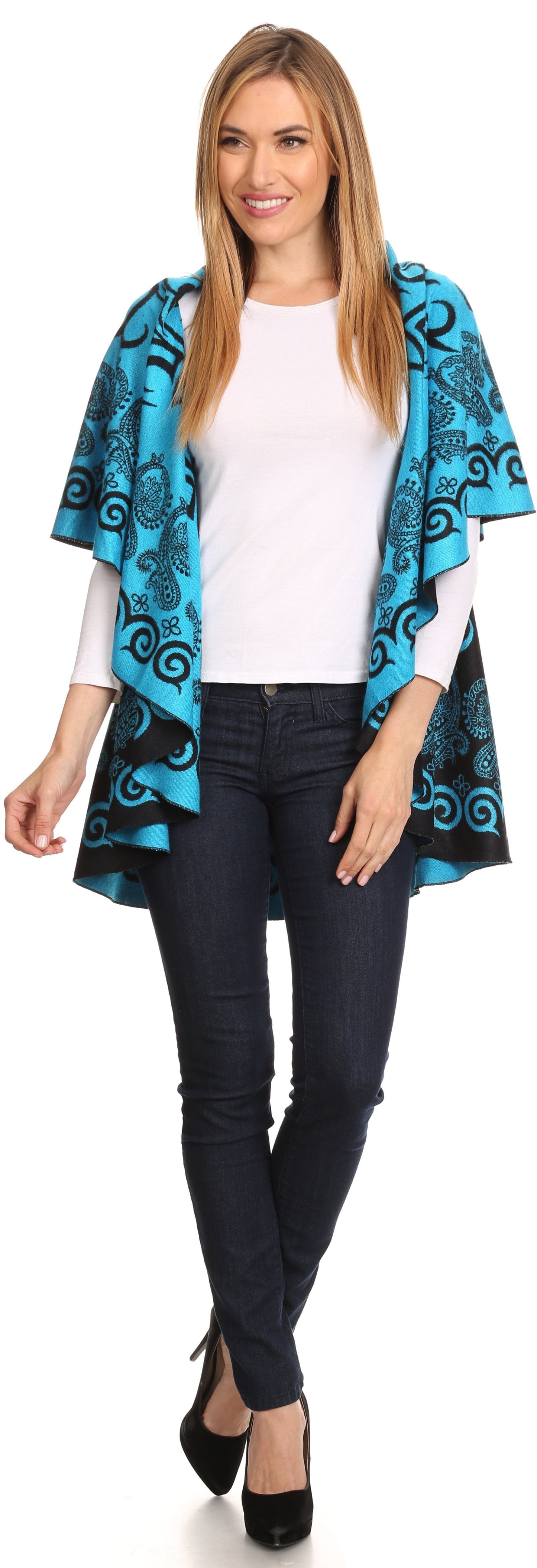 Sakkas Balie Reversable Printed Mid Weight Warm Poncho Throw Shawl / Cardigan - Concordia Style Boutique