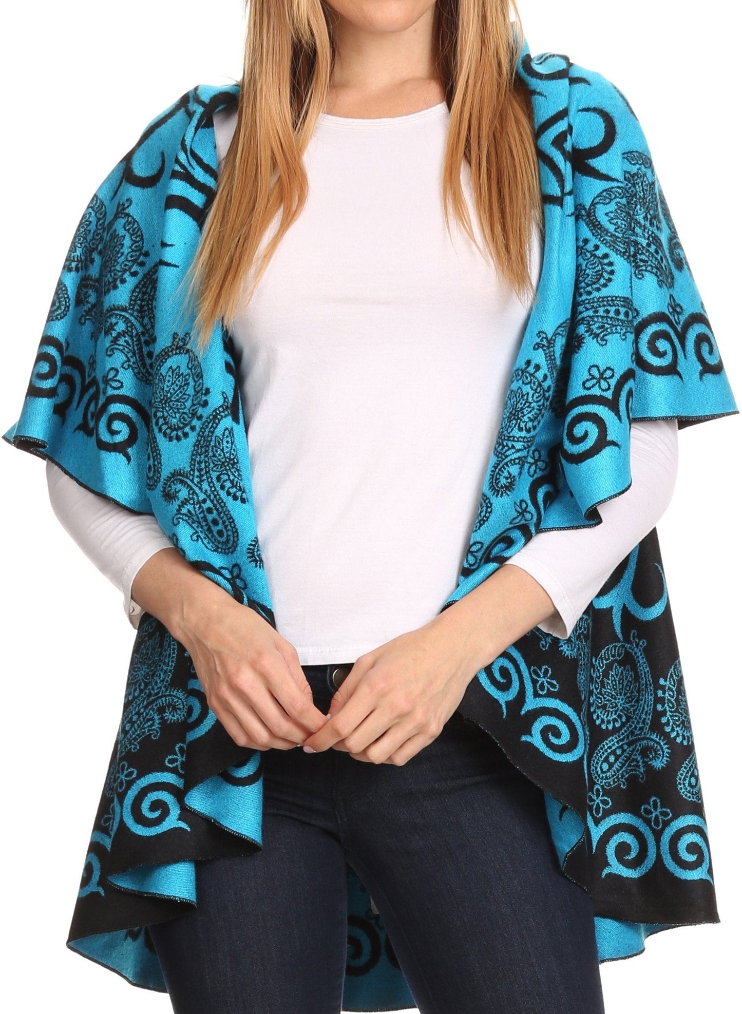 Sakkas Balie Reversable Printed Mid Weight Warm Poncho Throw Shawl / Cardigan - Concordia Style Boutique