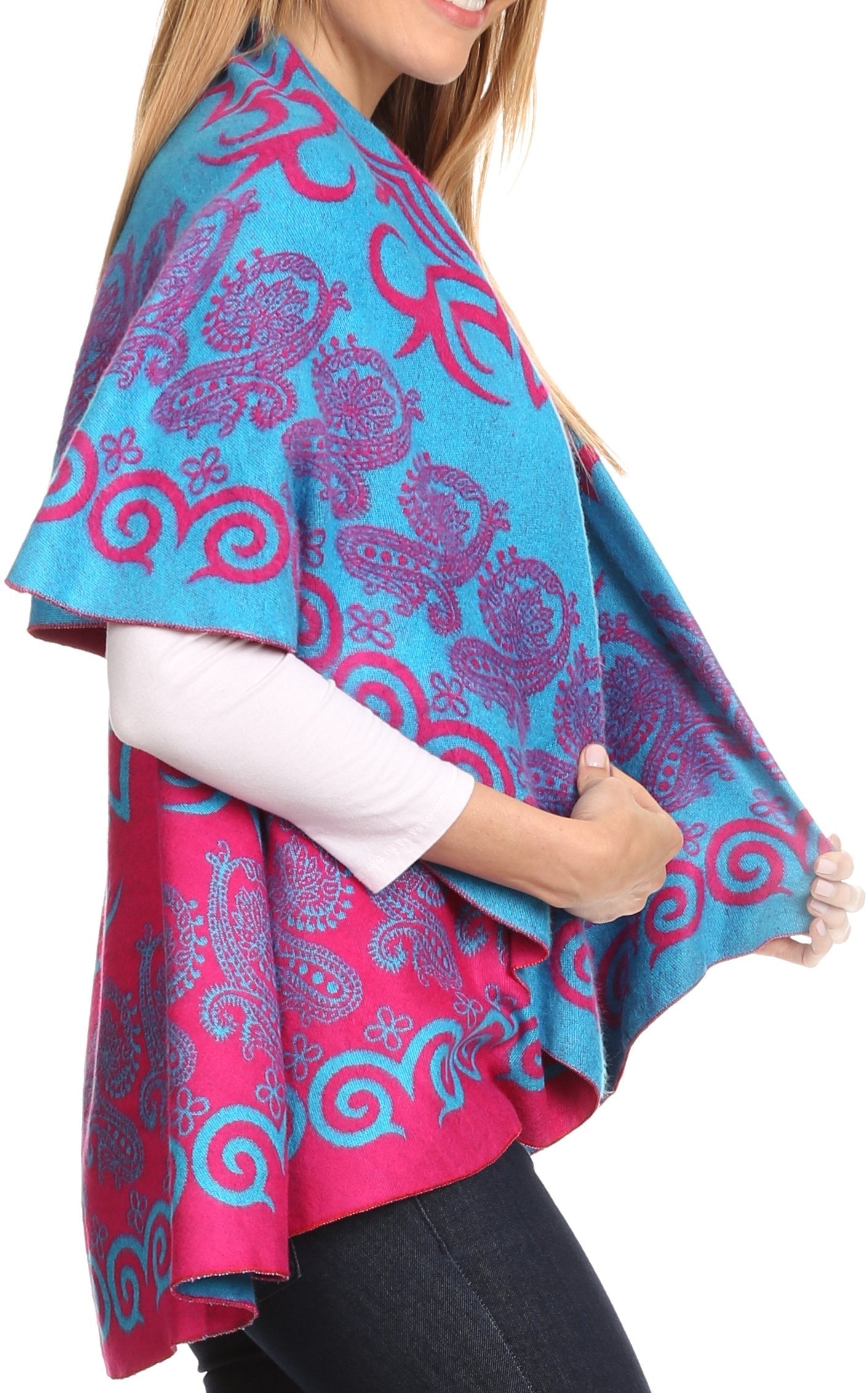 Sakkas Balie Reversable Printed Mid Weight Warm Poncho Throw Shawl / Cardigan - Concordia Style Boutique
