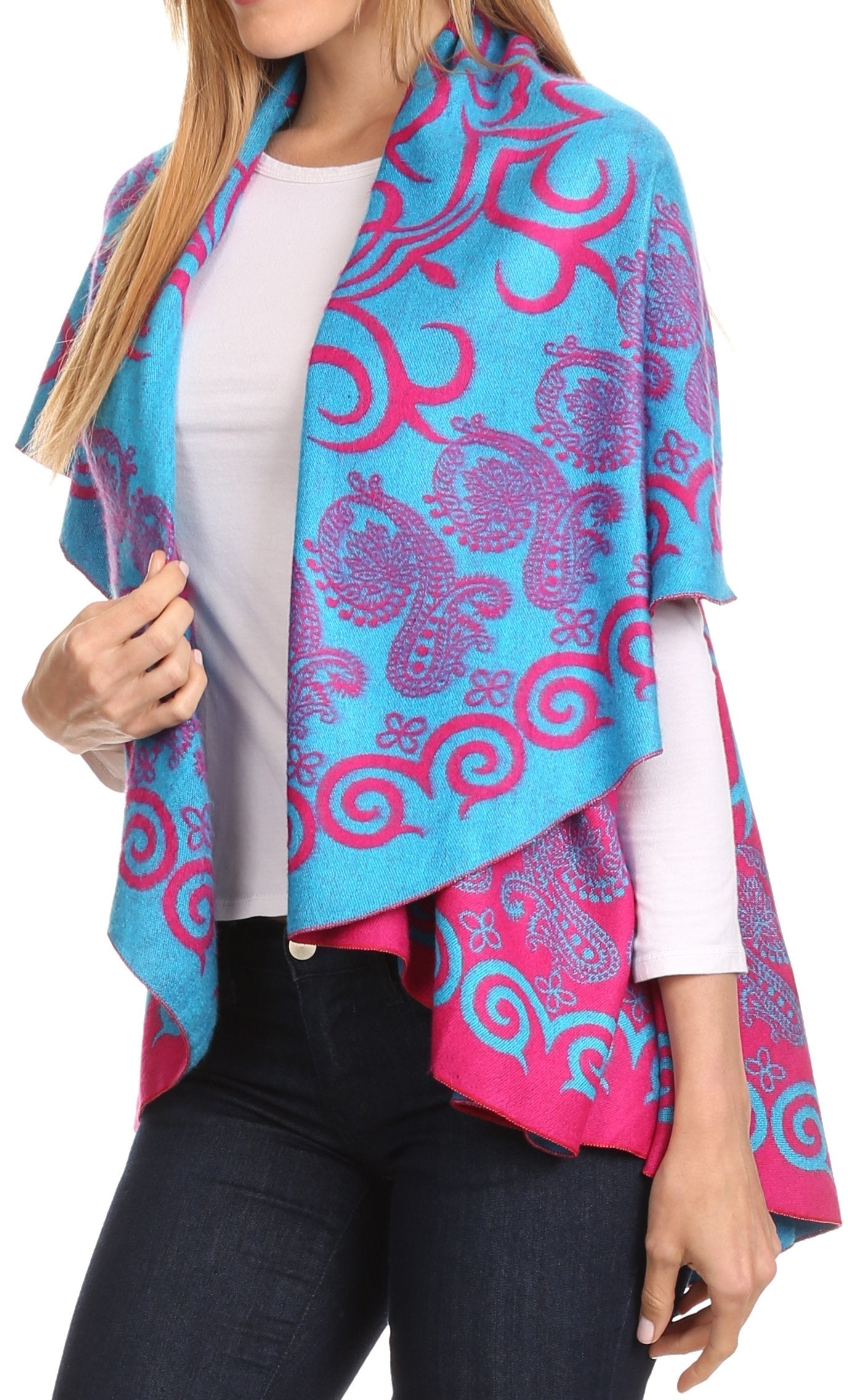 Sakkas Balie Reversable Printed Mid Weight Warm Poncho Throw Shawl / Cardigan - Concordia Style Boutique