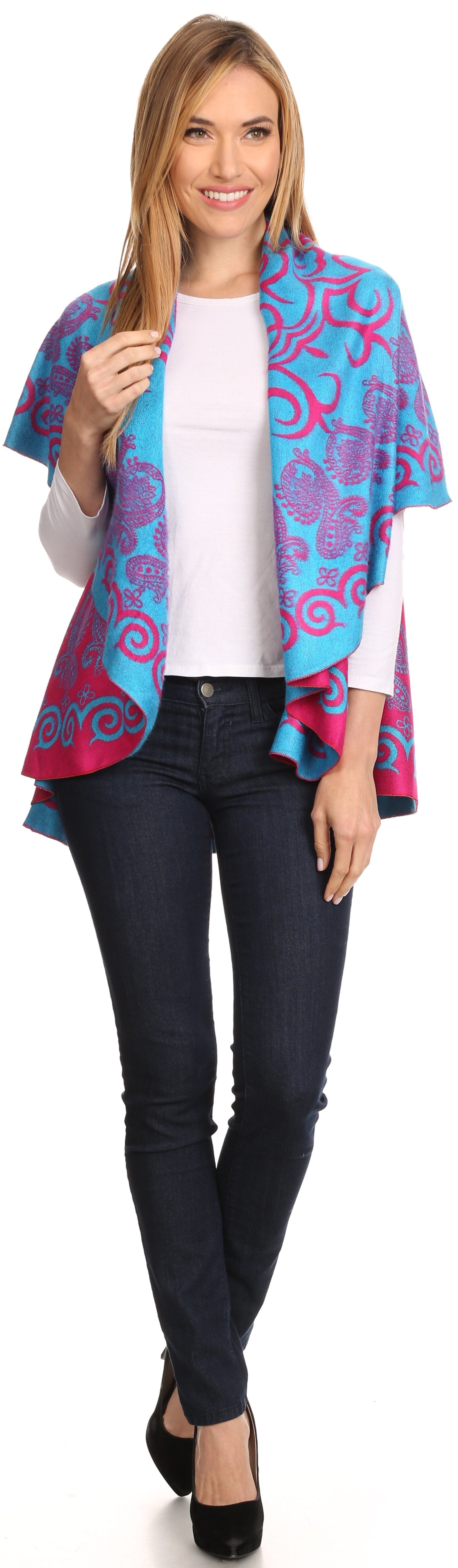 Sakkas Balie Reversable Printed Mid Weight Warm Poncho Throw Shawl / Cardigan - Concordia Style Boutique