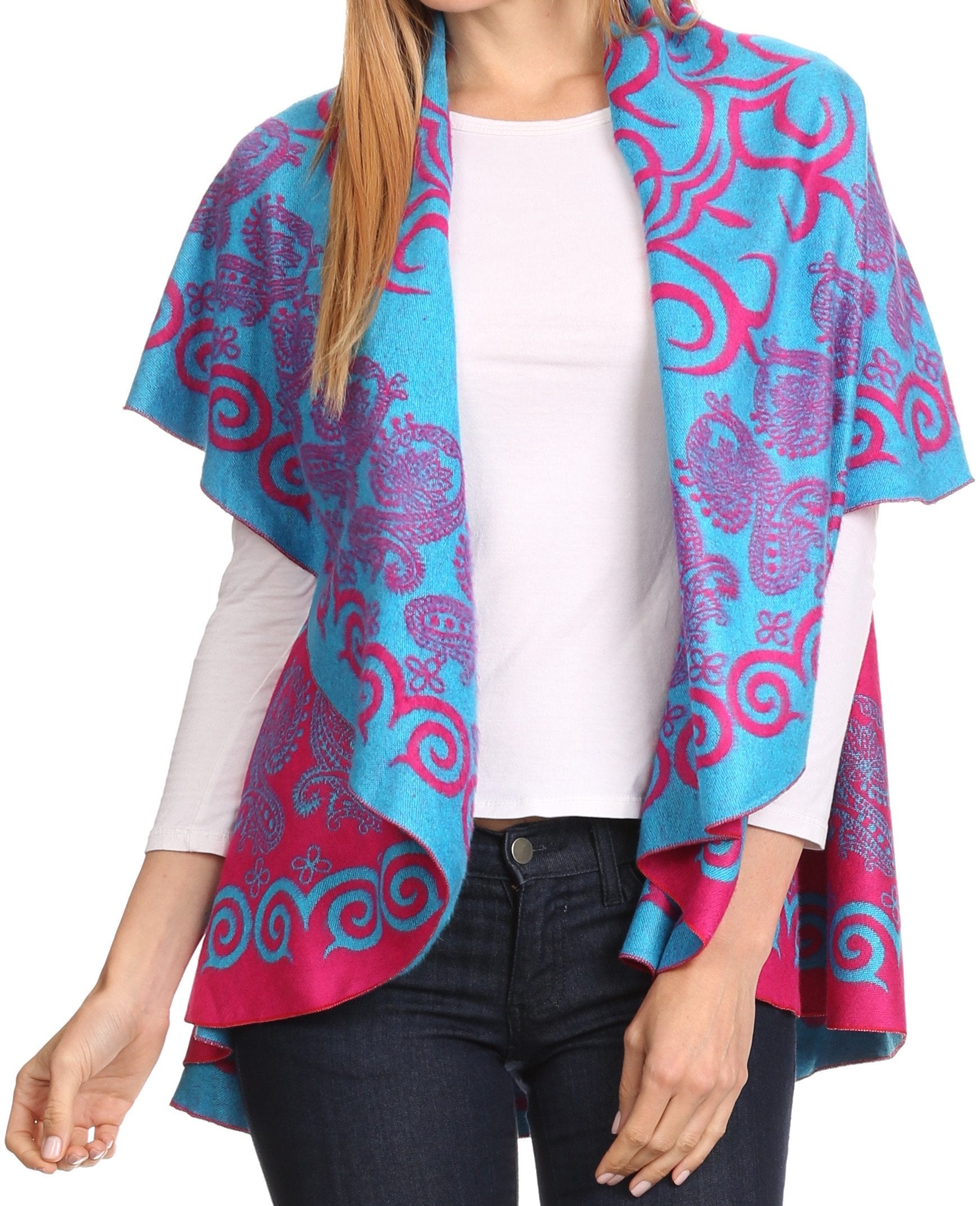 Sakkas Balie Reversable Printed Mid Weight Warm Poncho Throw Shawl / Cardigan - Concordia Style Boutique