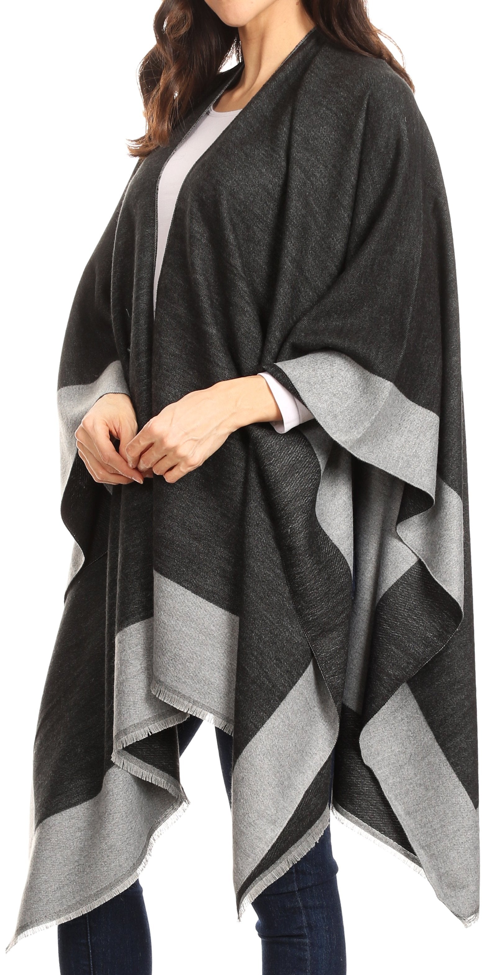 Sakkas Nila Women's Reversible Open Front Large Poncho Shawl Wrap Scarf Cape Ruana - Concordia Style Boutique