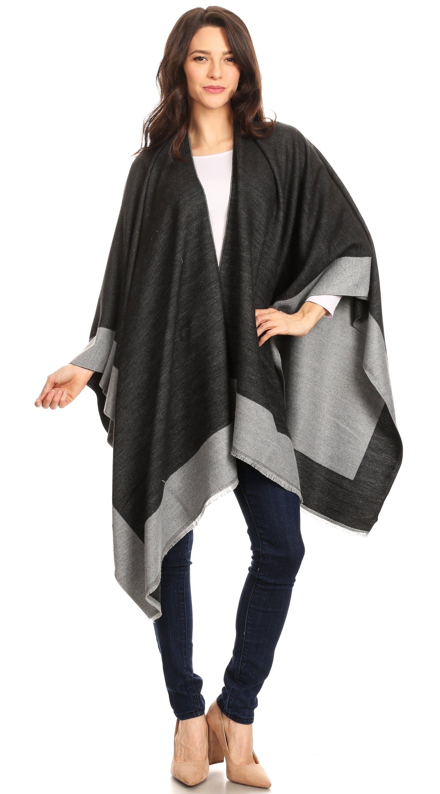 Sakkas Nila Women's Reversible Open Front Large Poncho Shawl Wrap Scarf Cape Ruana - Concordia Style Boutique