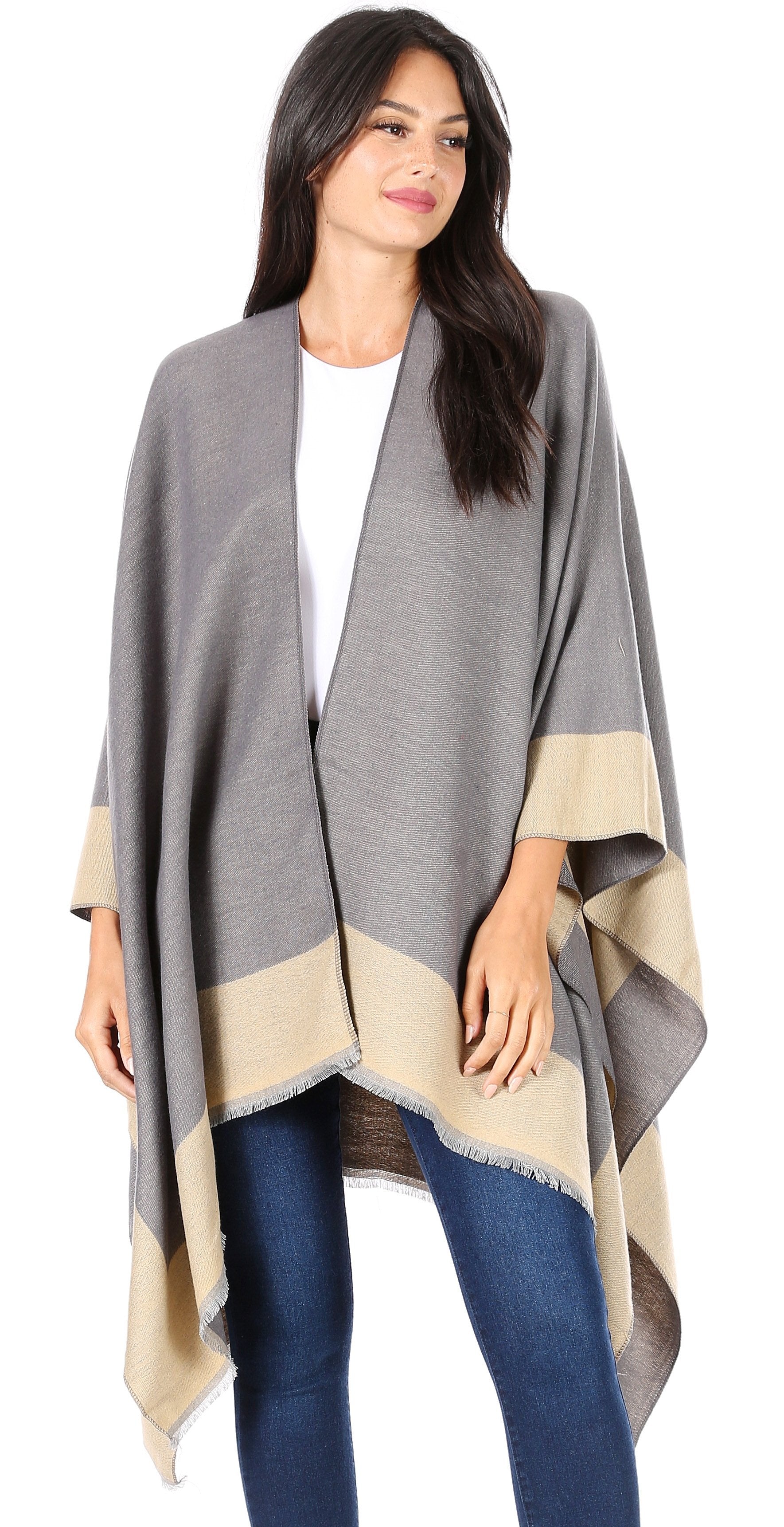 Sakkas Nila Women's Reversible Open Front Large Poncho Shawl Wrap Scarf Cape Ruana - Concordia Style Boutique