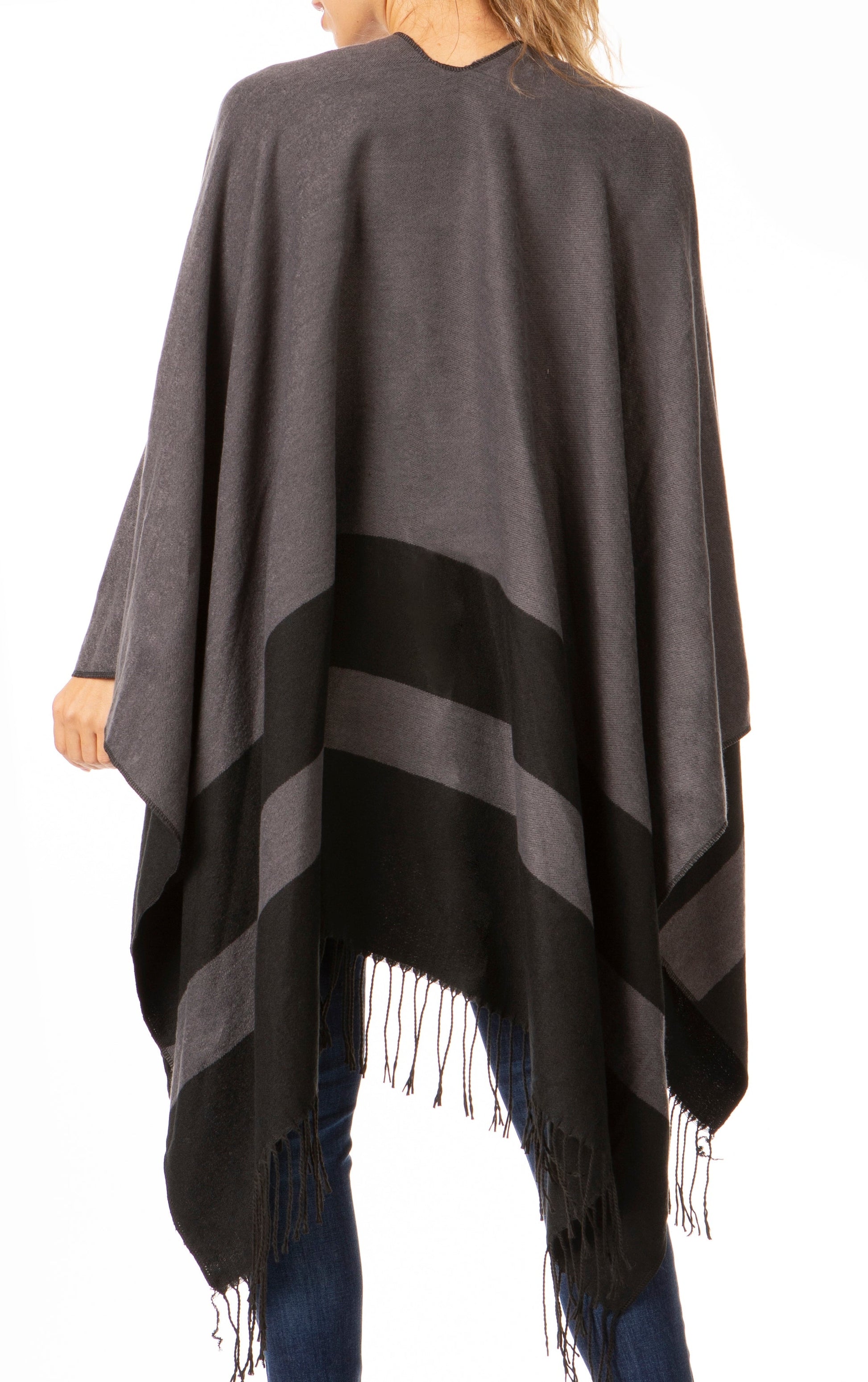 Sakkas Avi Women's Reversible Open Front Poncho Cardigan Ruana Cape Shawl W/Fringe - Concordia Style Boutique