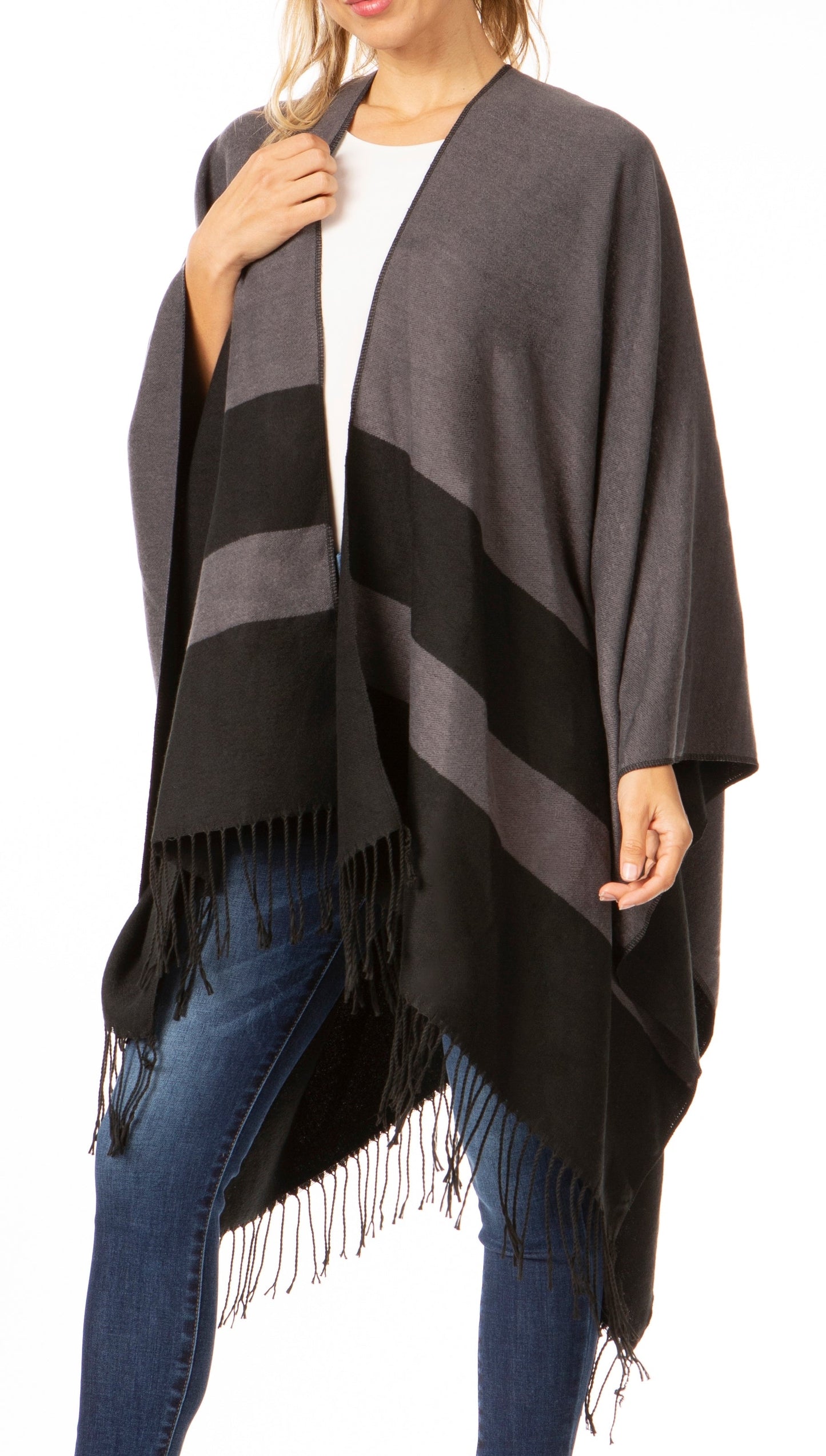 Sakkas Avi Women's Reversible Open Front Poncho Cardigan Ruana Cape Shawl W/Fringe - Concordia Style Boutique