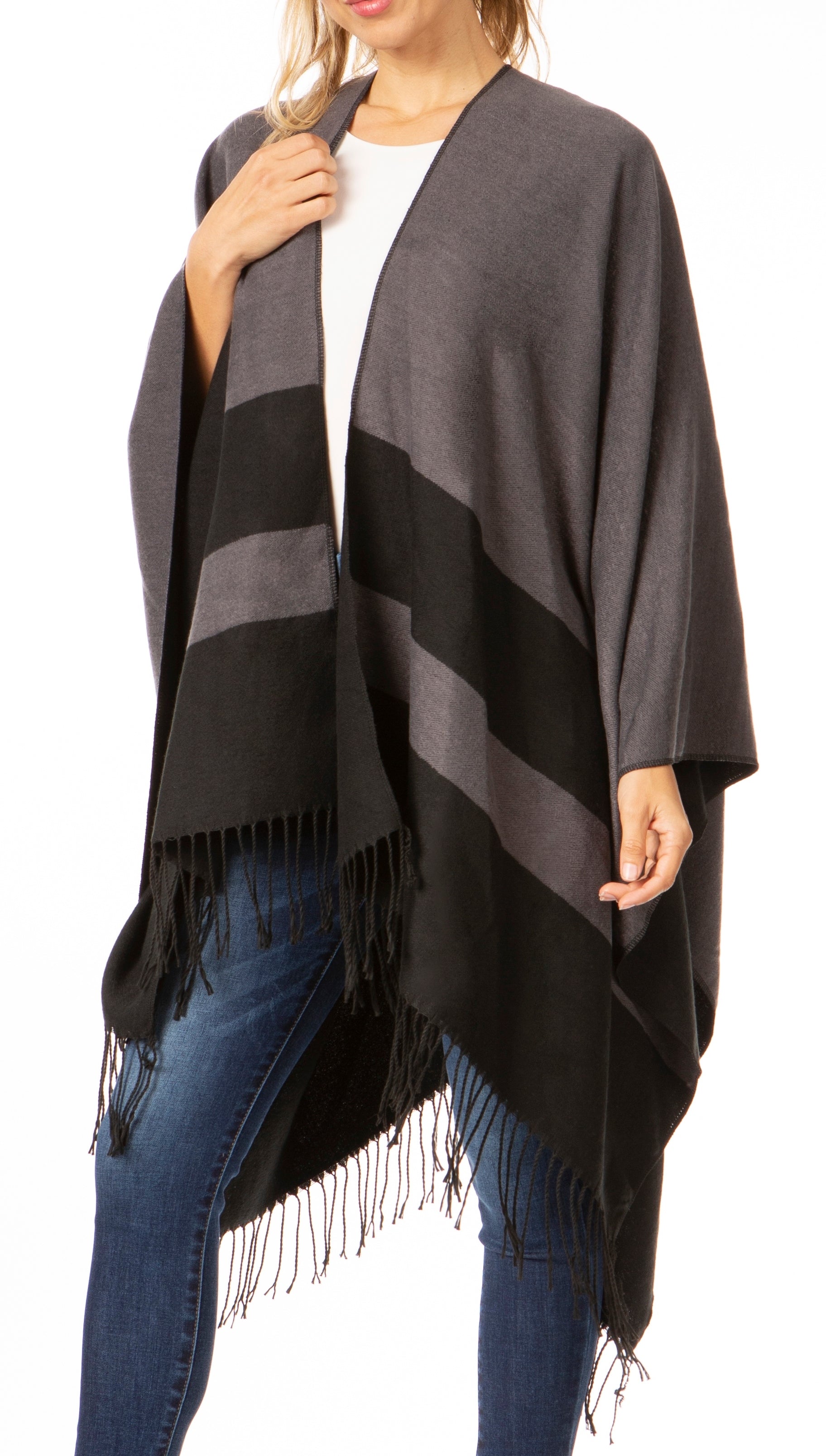 Sakkas Avi Women's Reversible Open Front Poncho Cardigan Ruana Cape Shawl W/Fringe - Concordia Style Boutique