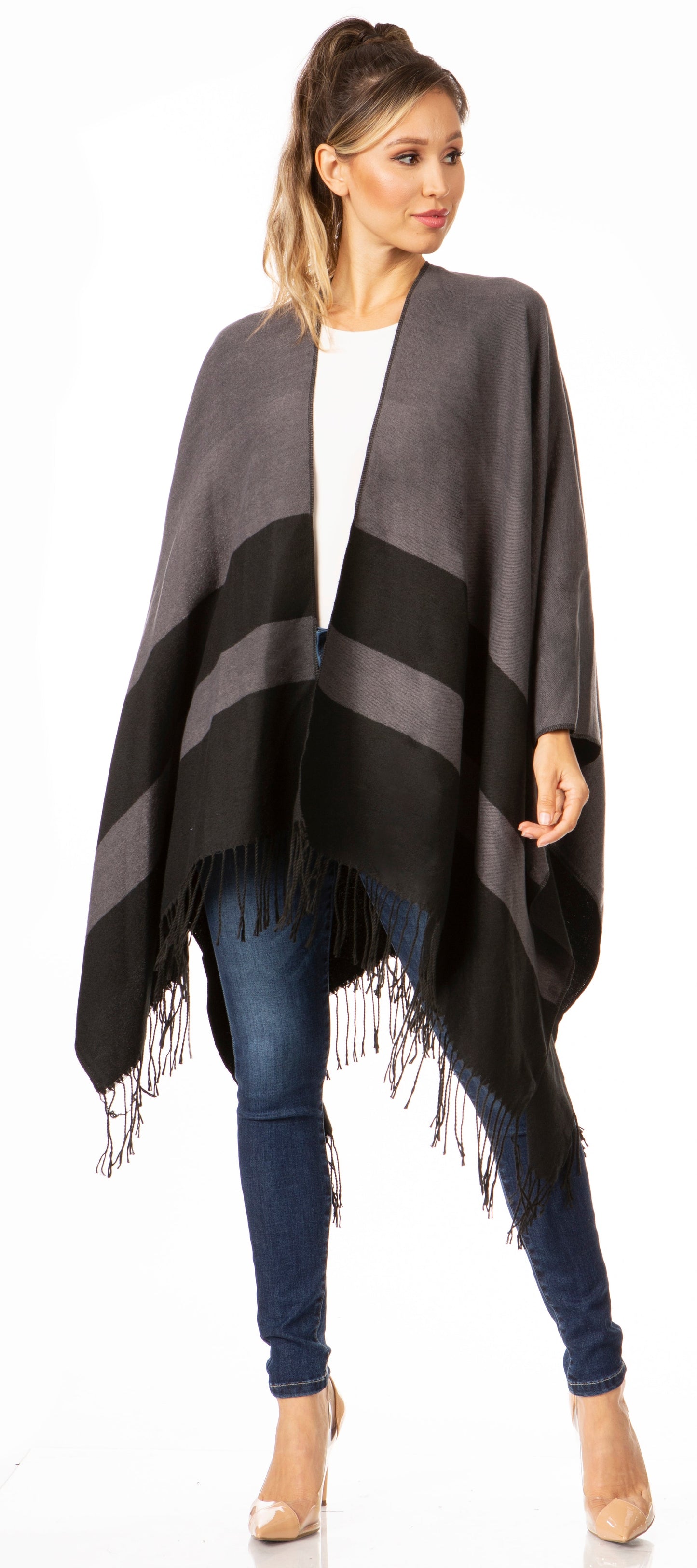 Sakkas Avi Women's Reversible Open Front Poncho Cardigan Ruana Cape Shawl W/Fringe - Concordia Style Boutique