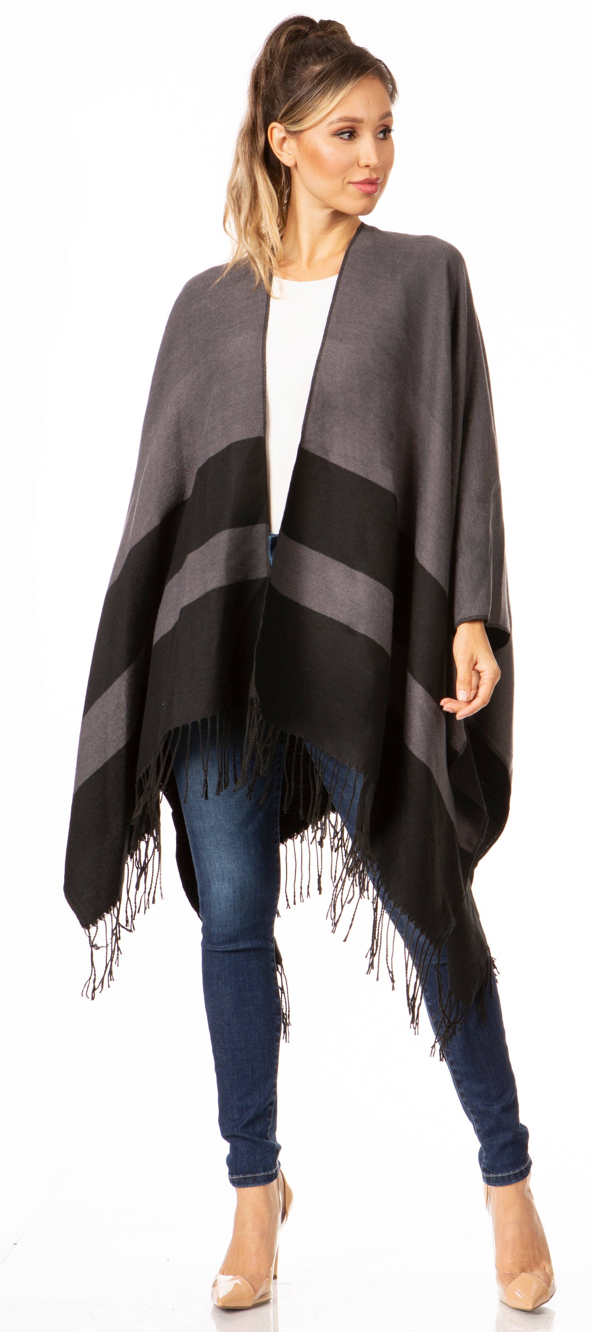Sakkas Avi Women's Reversible Open Front Poncho Cardigan Ruana Cape Shawl W/Fringe - Concordia Style Boutique