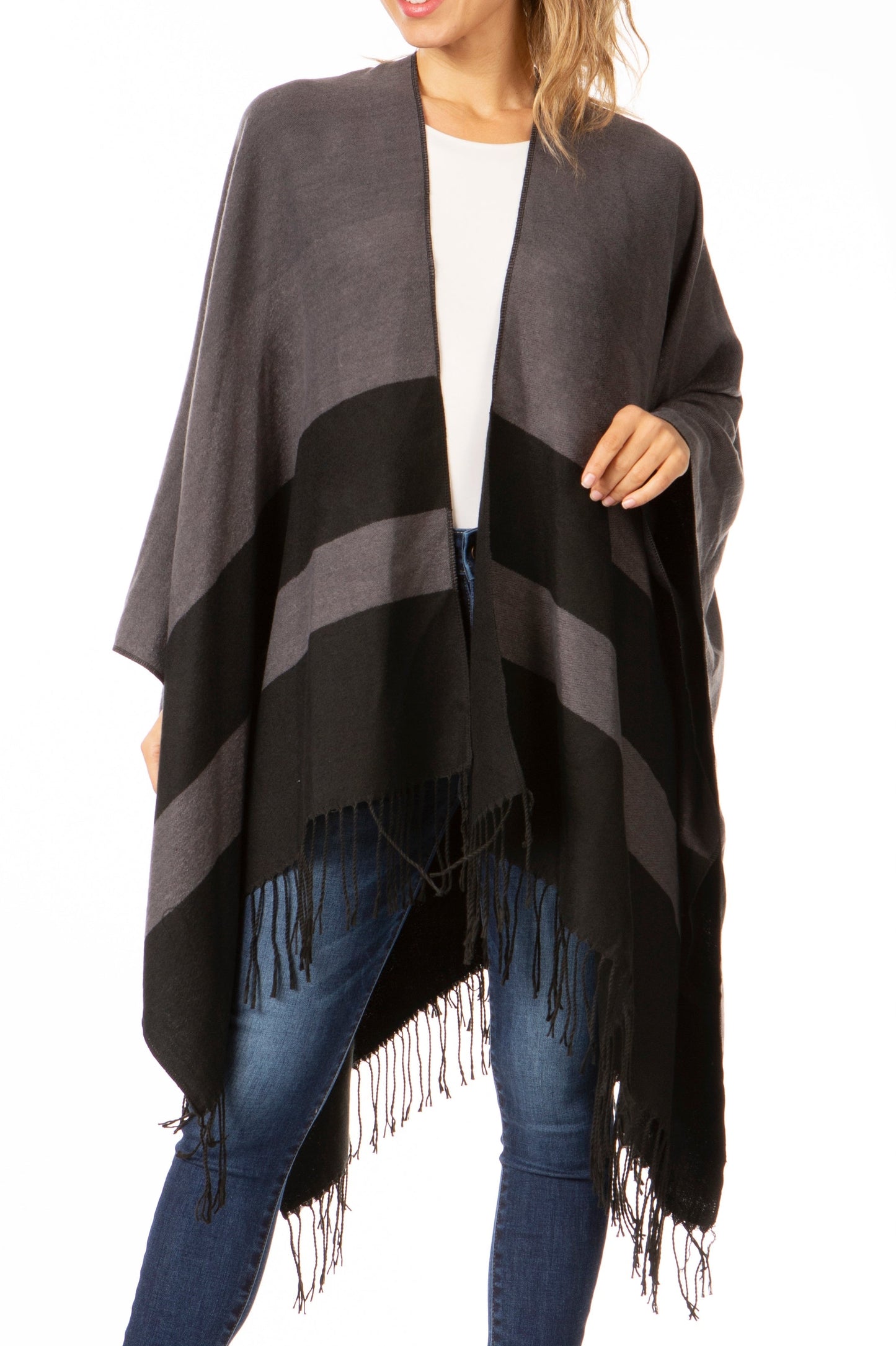 Sakkas Avi Women's Reversible Open Front Poncho Cardigan Ruana Cape Shawl W/Fringe - Concordia Style Boutique
