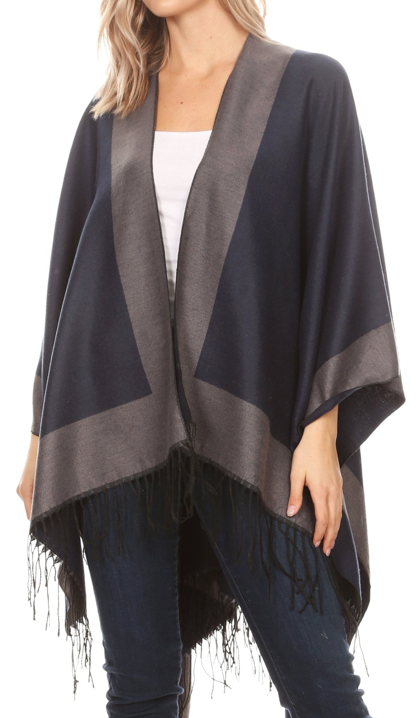 Sakkas Avi Women's Reversible Open Front Poncho Cardigan Ruana Cape Shawl W/Fringe - Concordia Style Boutique