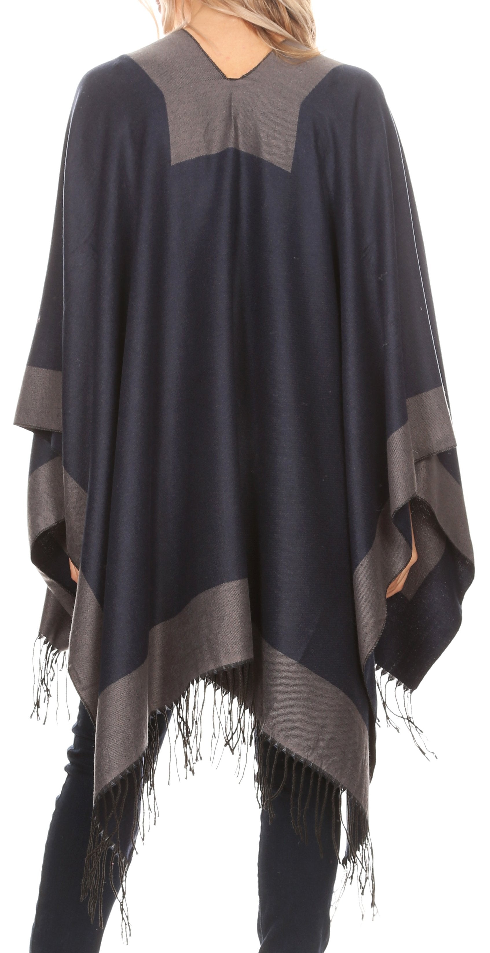 Sakkas Avi Women's Reversible Open Front Poncho Cardigan Ruana Cape Shawl W/Fringe - Concordia Style Boutique