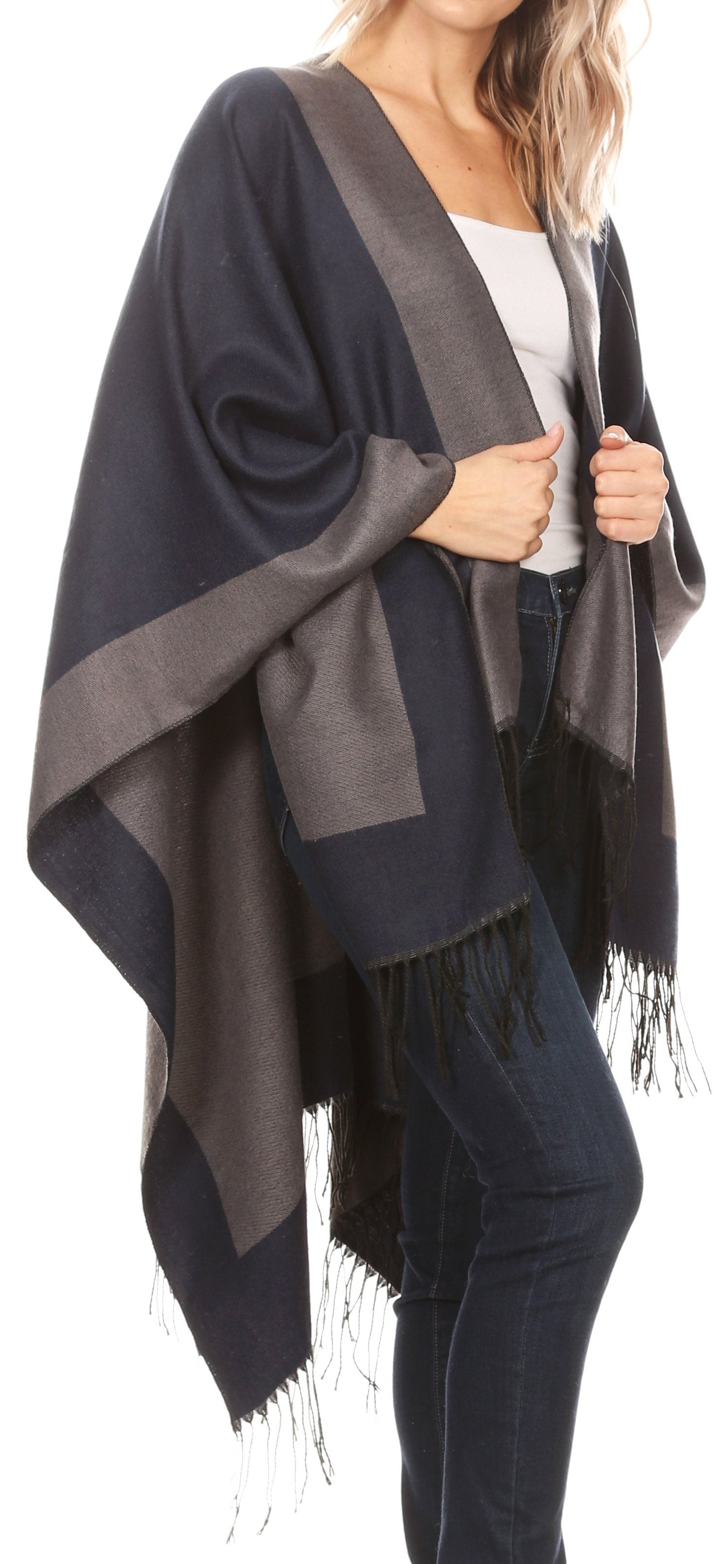 Sakkas Avi Women's Reversible Open Front Poncho Cardigan Ruana Cape Shawl W/Fringe - Concordia Style Boutique