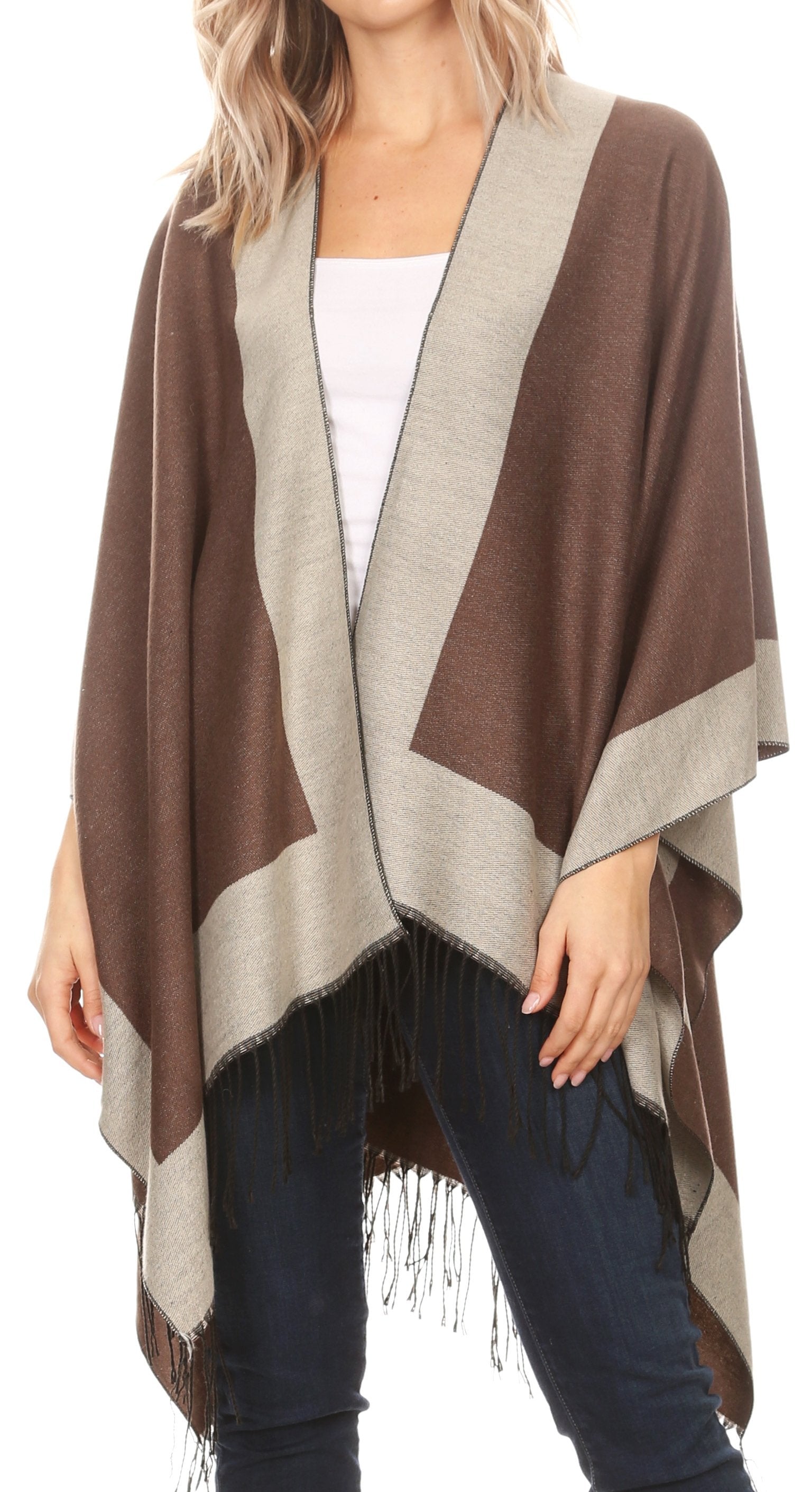 Sakkas Avi Women's Reversible Open Front Poncho Cardigan Ruana Cape Shawl W/Fringe - Concordia Style Boutique