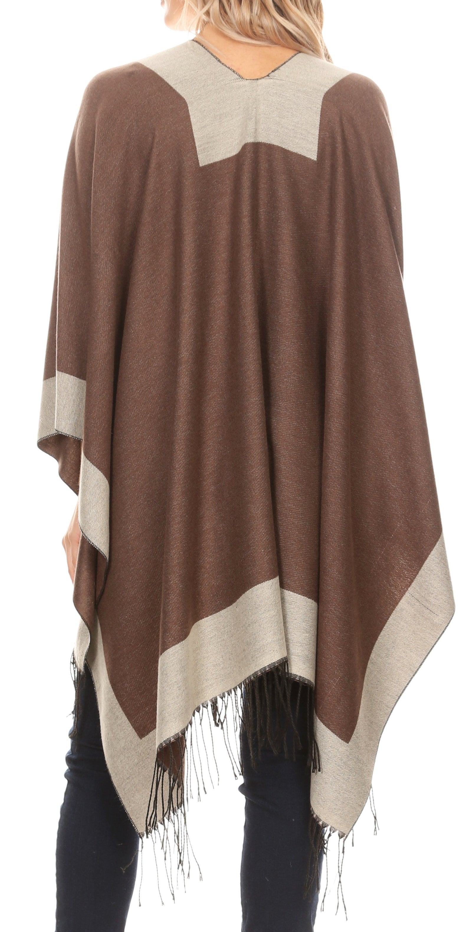 Sakkas Avi Women's Reversible Open Front Poncho Cardigan Ruana Cape Shawl W/Fringe - Concordia Style Boutique
