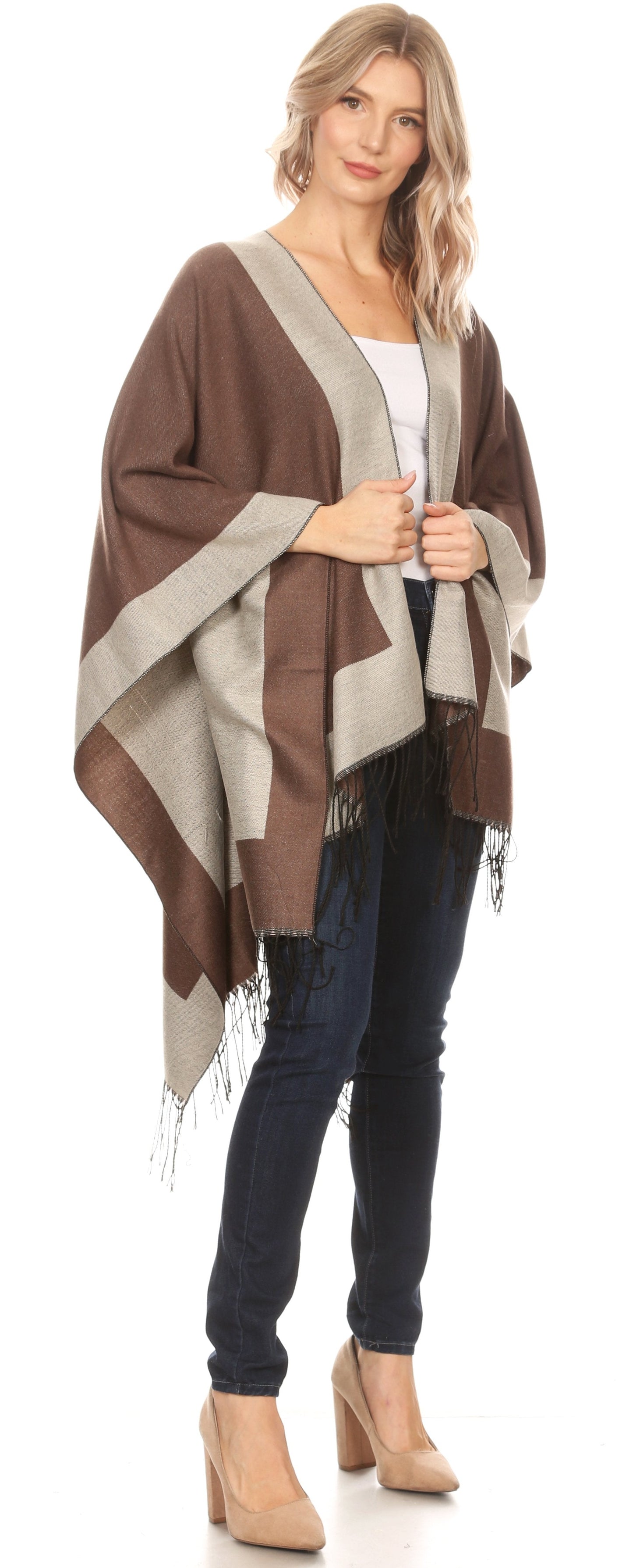 Sakkas Avi Women's Reversible Open Front Poncho Cardigan Ruana Cape Shawl W/Fringe - Concordia Style Boutique