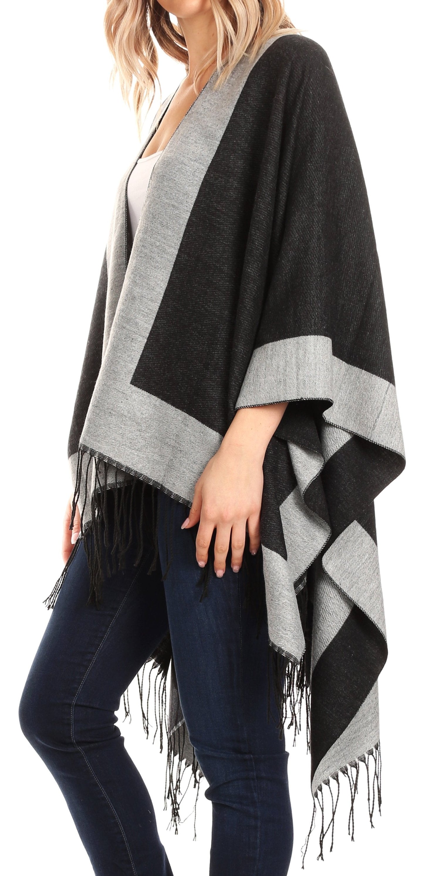 Sakkas Avi Women's Reversible Open Front Poncho Cardigan Ruana Cape Shawl W/Fringe - Concordia Style Boutique