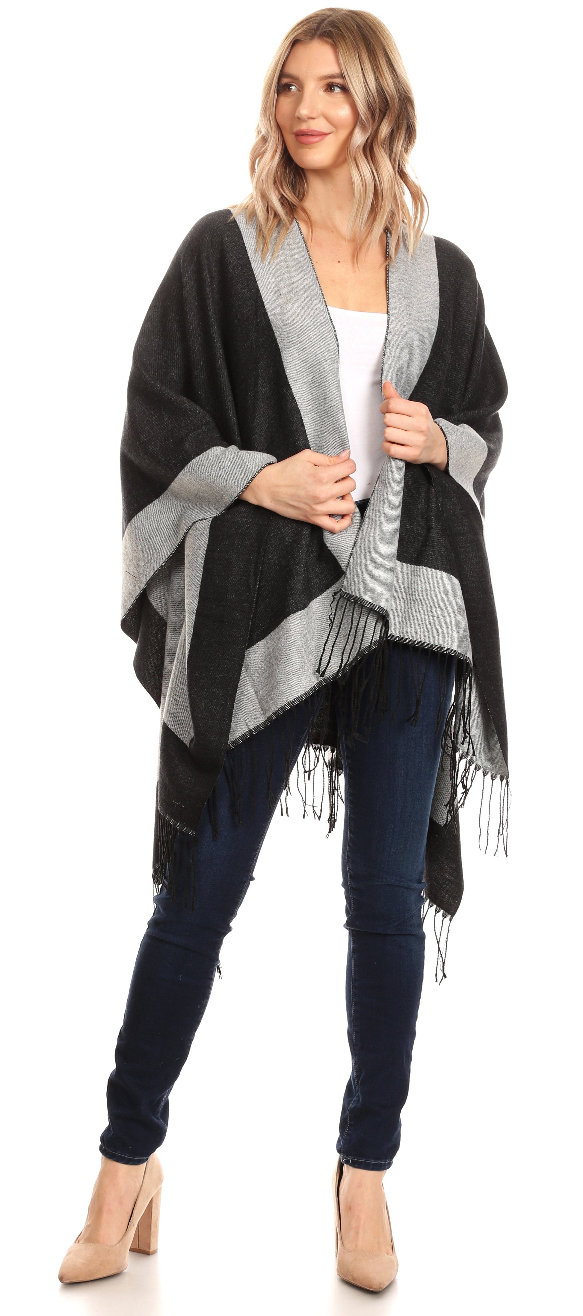Sakkas Avi Women's Reversible Open Front Poncho Cardigan Ruana Cape Shawl W/Fringe - Concordia Style Boutique