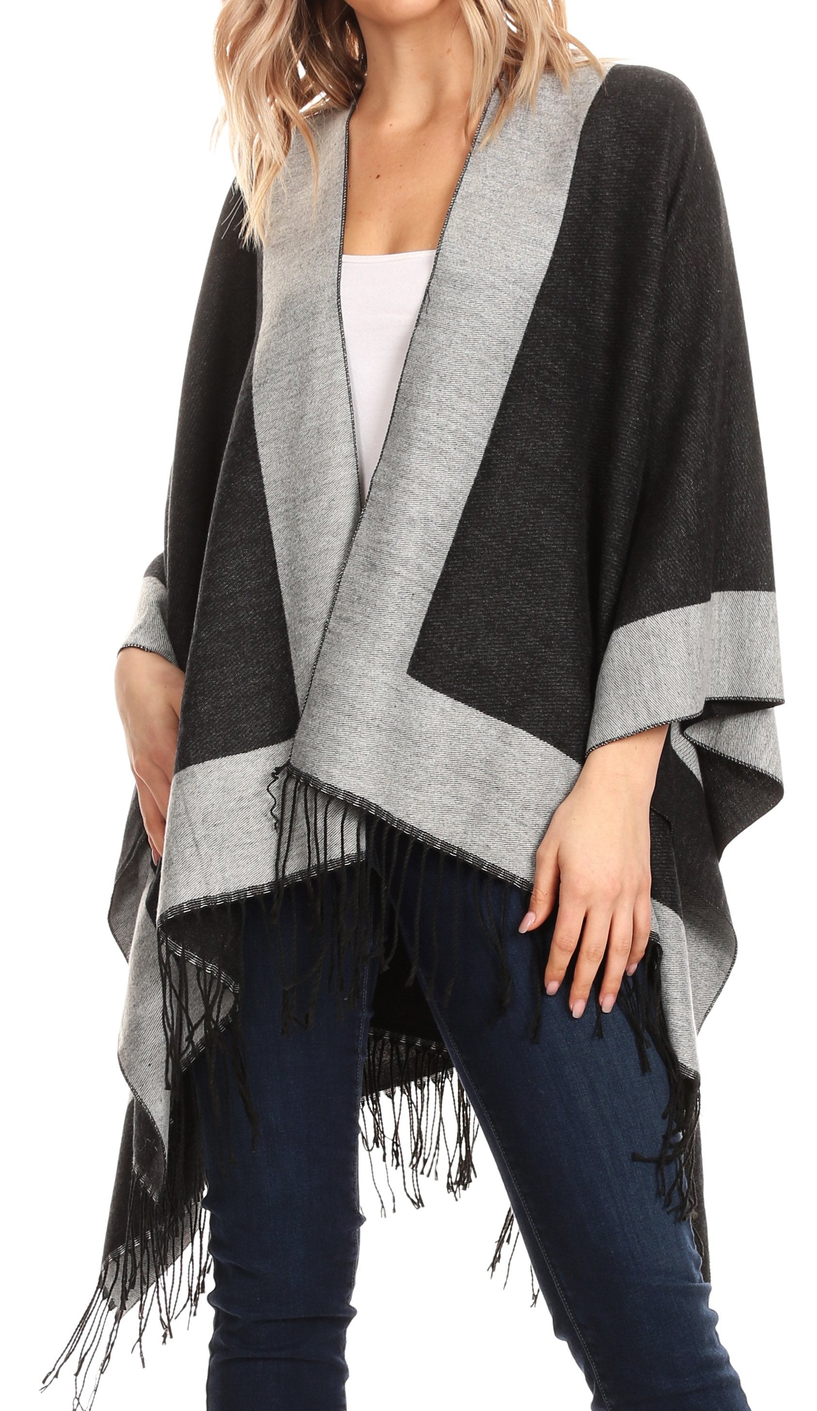 Sakkas Avi Women's Reversible Open Front Poncho Cardigan Ruana Cape Shawl W/Fringe - Concordia Style Boutique