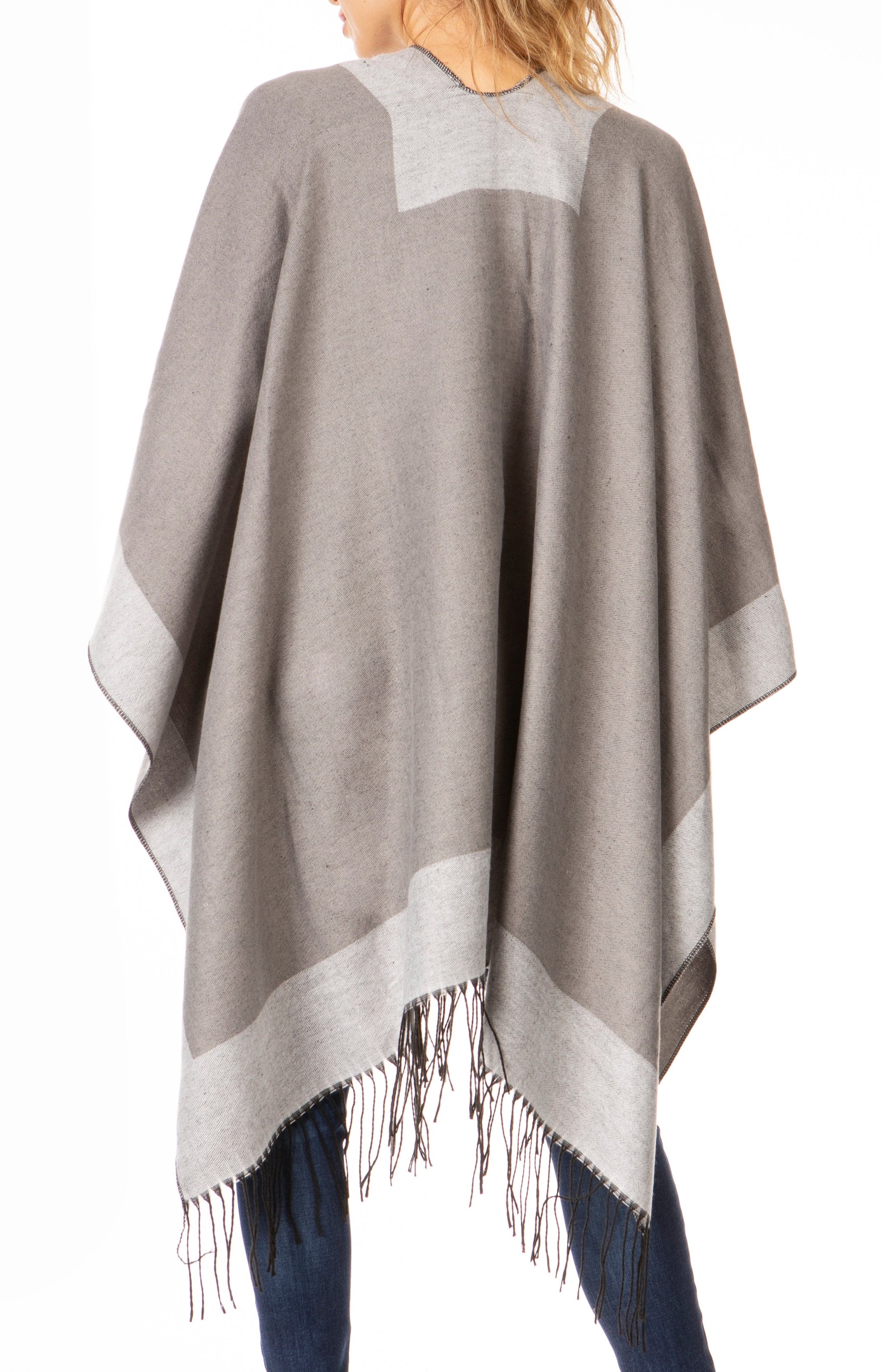 Sakkas Avi Women's Reversible Open Front Poncho Cardigan Ruana Cape Shawl W/Fringe - Concordia Style Boutique