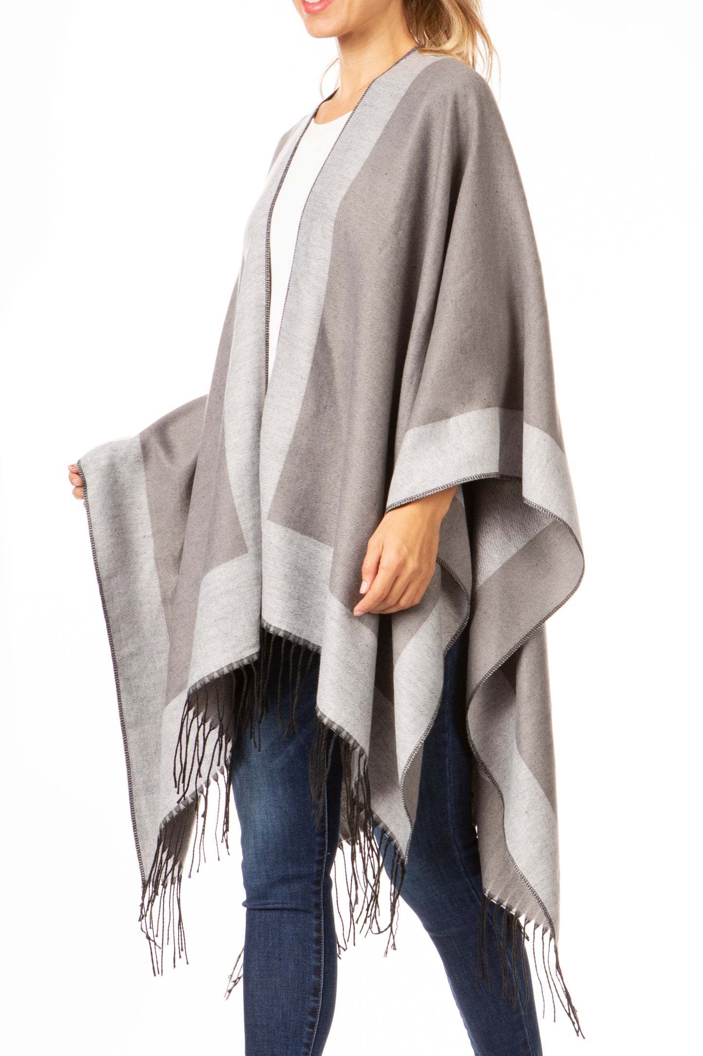 Sakkas Avi Women's Reversible Open Front Poncho Cardigan Ruana Cape Shawl W/Fringe - Concordia Style Boutique