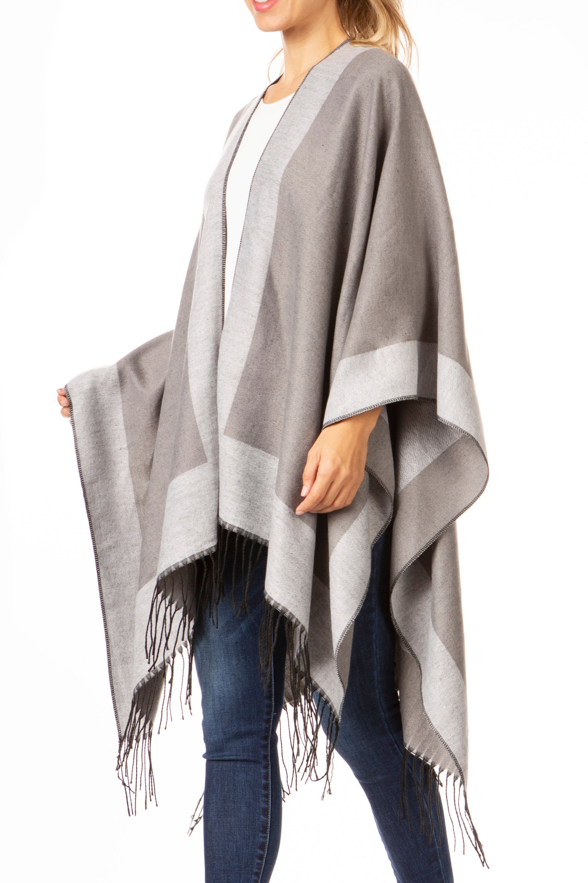 Sakkas Avi Women's Reversible Open Front Poncho Cardigan Ruana Cape Shawl W/Fringe - Concordia Style Boutique