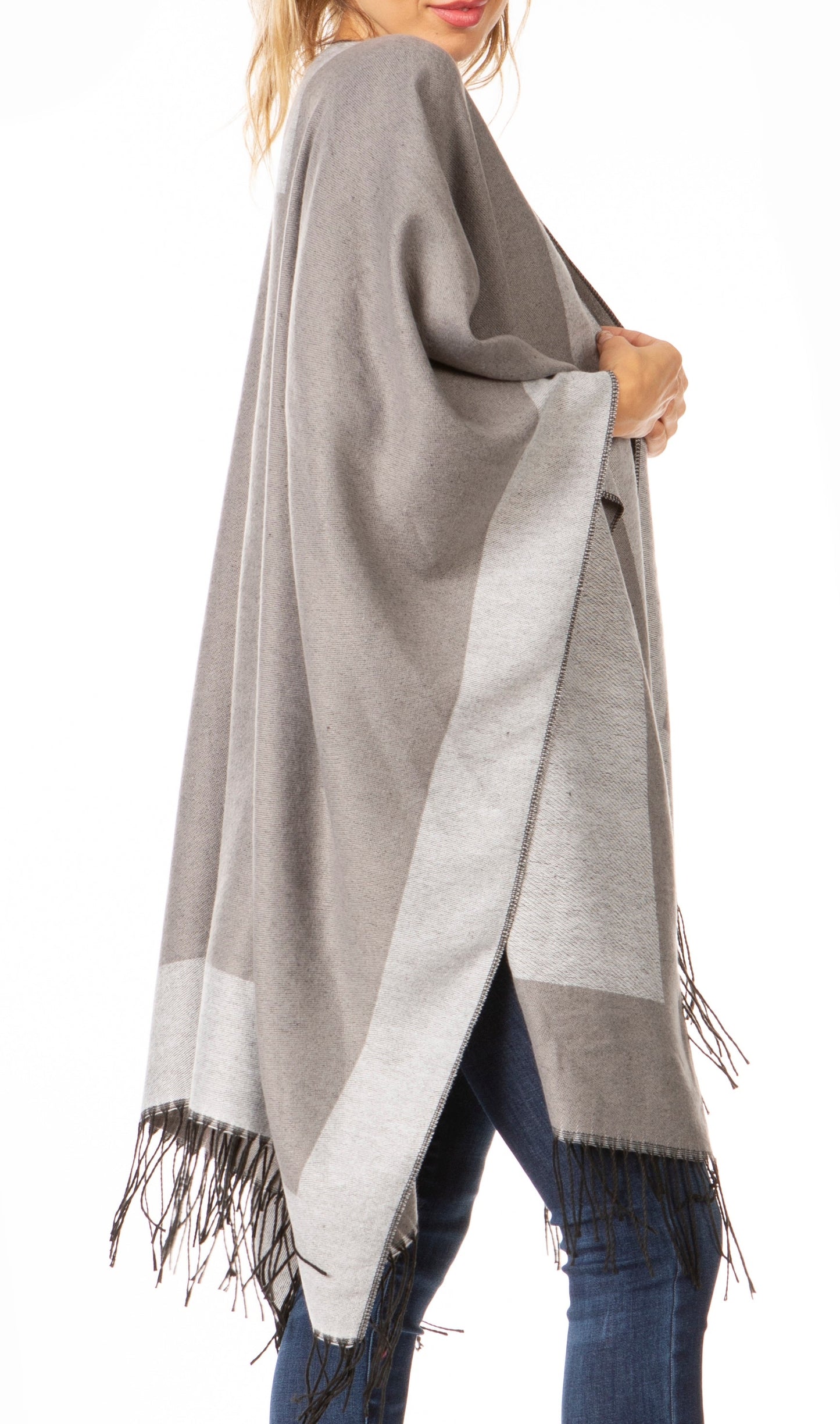 Sakkas Avi Women's Reversible Open Front Poncho Cardigan Ruana Cape Shawl W/Fringe - Concordia Style Boutique