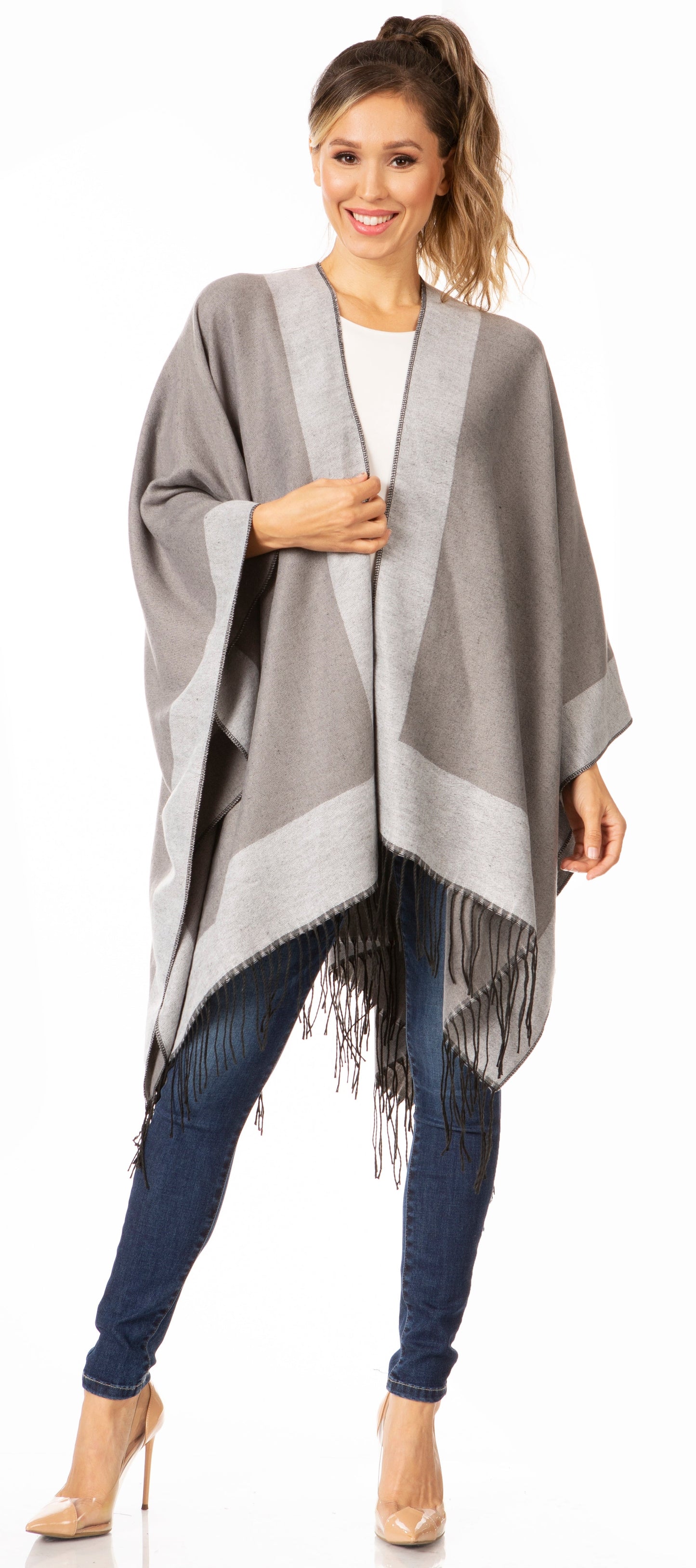 Sakkas Avi Women's Reversible Open Front Poncho Cardigan Ruana Cape Shawl W/Fringe - Concordia Style Boutique