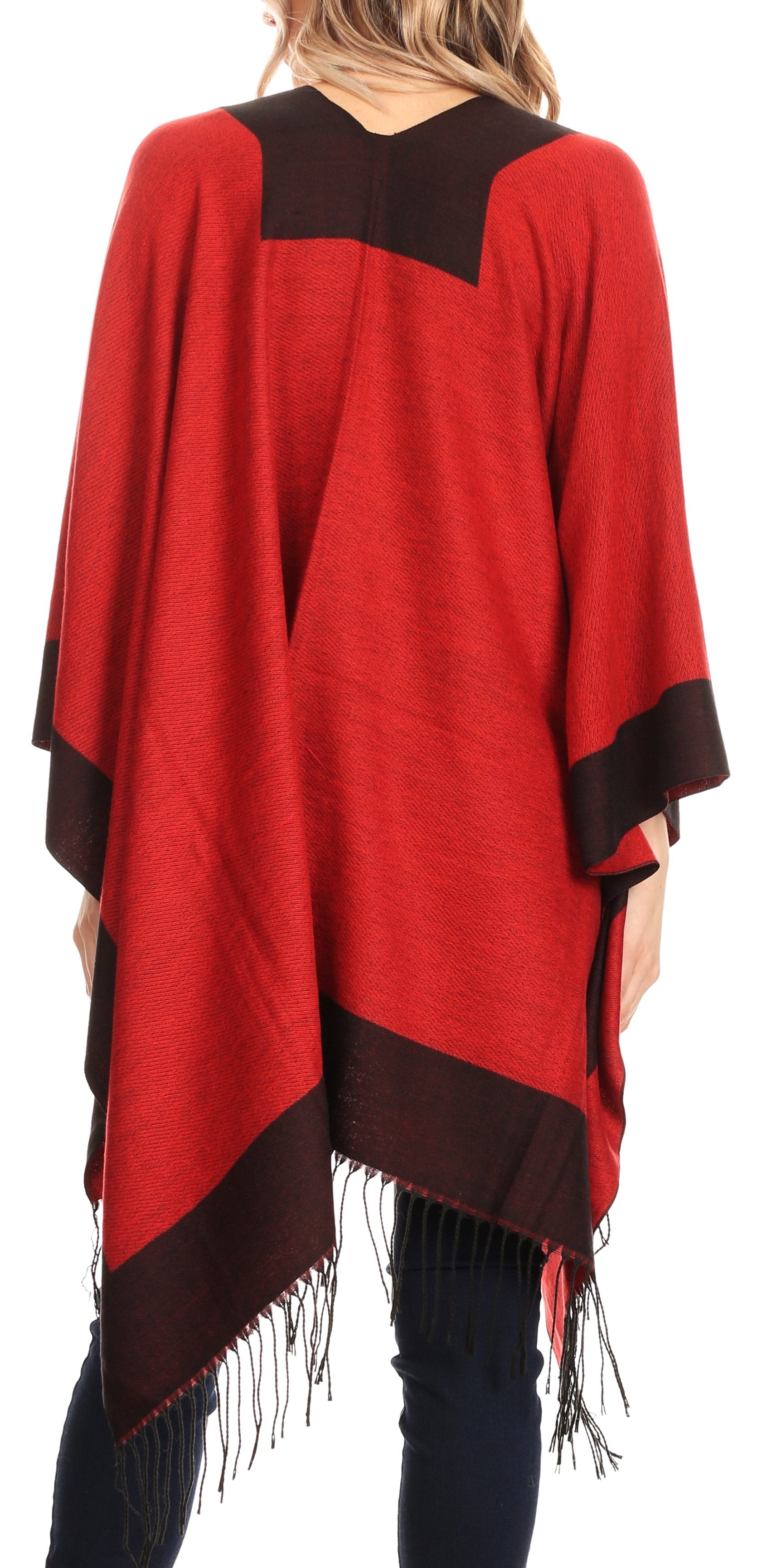 Sakkas Avi Women's Reversible Open Front Poncho Cardigan Ruana Cape Shawl W/Fringe - Concordia Style Boutique