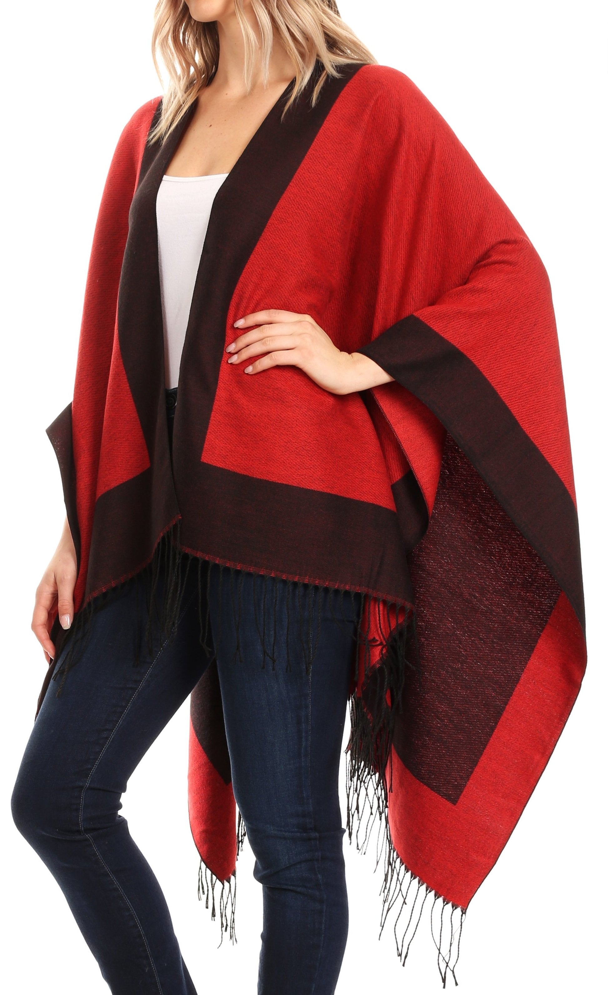 Sakkas Avi Women's Reversible Open Front Poncho Cardigan Ruana Cape Shawl W/Fringe - Concordia Style Boutique