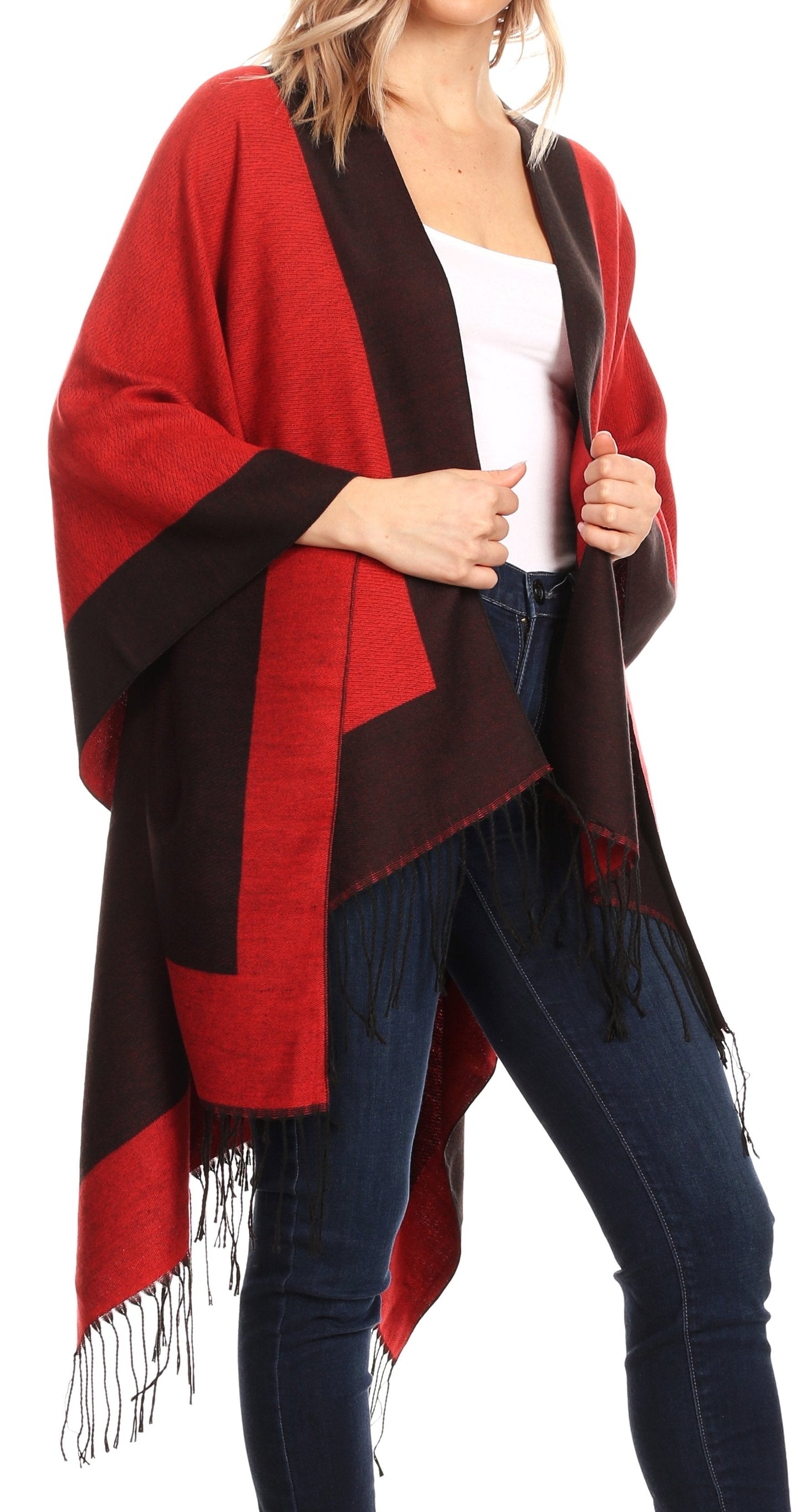 Sakkas Avi Women's Reversible Open Front Poncho Cardigan Ruana Cape Shawl W/Fringe - Concordia Style Boutique