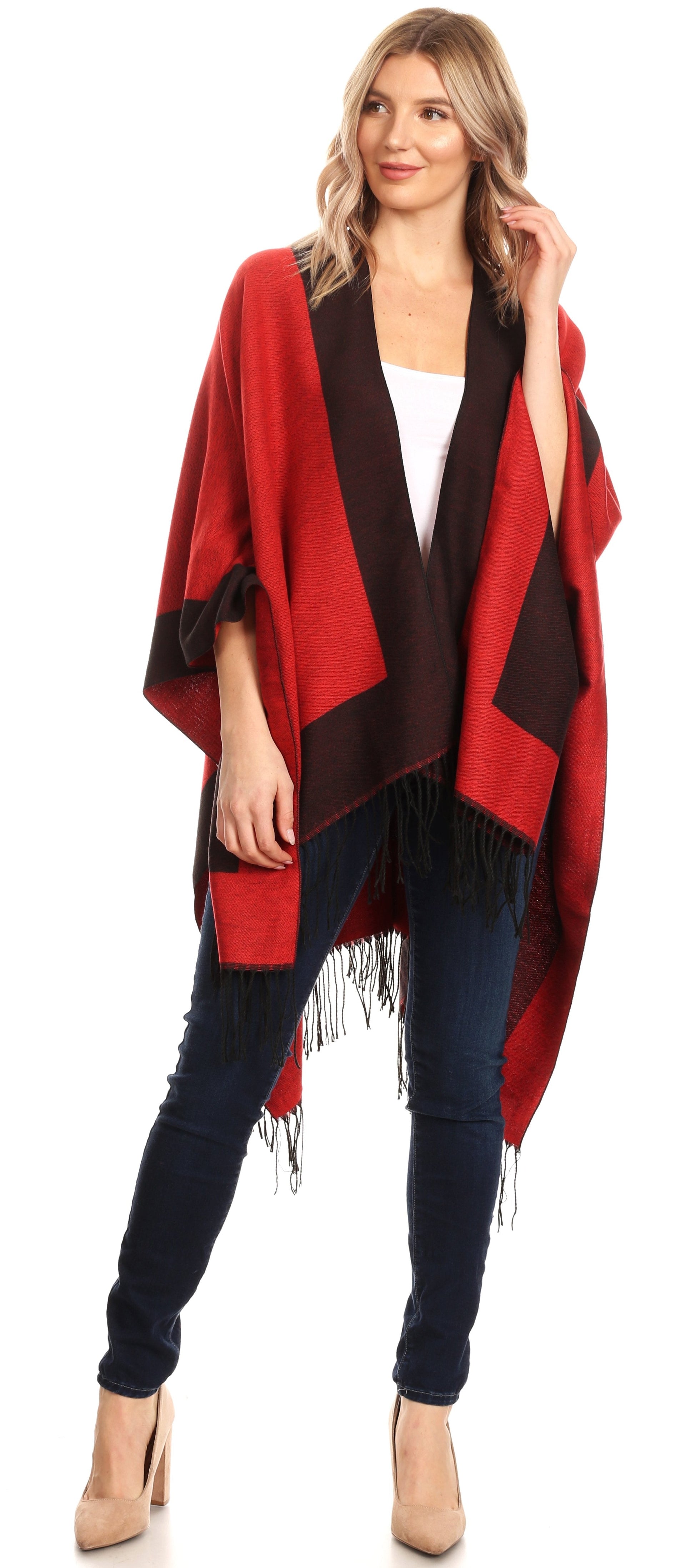 Sakkas Avi Women's Reversible Open Front Poncho Cardigan Ruana Cape Shawl W/Fringe - Concordia Style Boutique