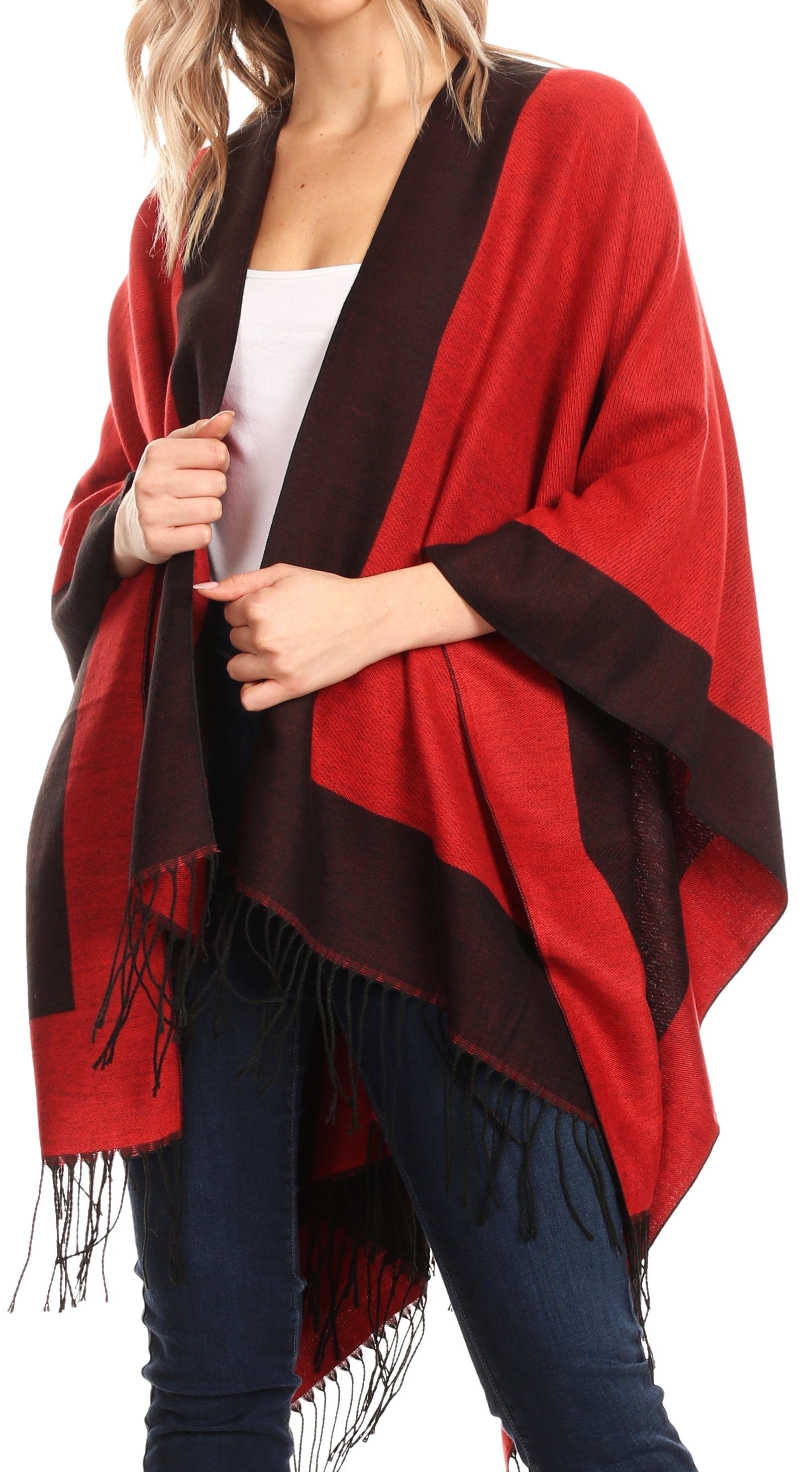 Sakkas Avi Women's Reversible Open Front Poncho Cardigan Ruana Cape Shawl W/Fringe - Concordia Style Boutique