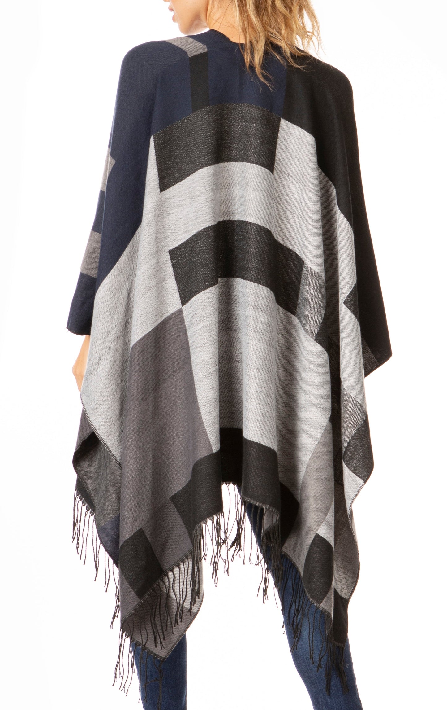 Sakkas Avi Women's Reversible Open Front Poncho Cardigan Ruana Cape Shawl W/Fringe - Concordia Style Boutique