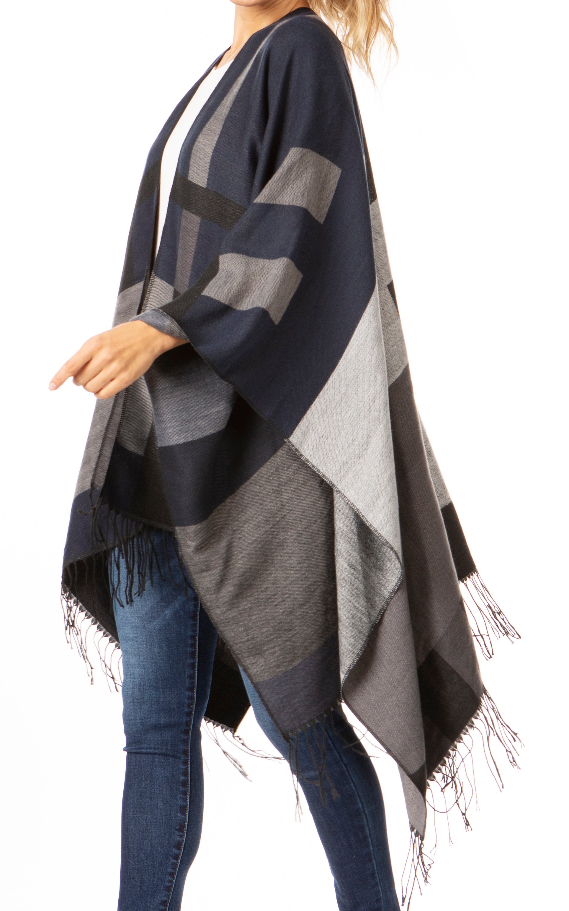 Sakkas Avi Women's Reversible Open Front Poncho Cardigan Ruana Cape Shawl W/Fringe - Concordia Style Boutique
